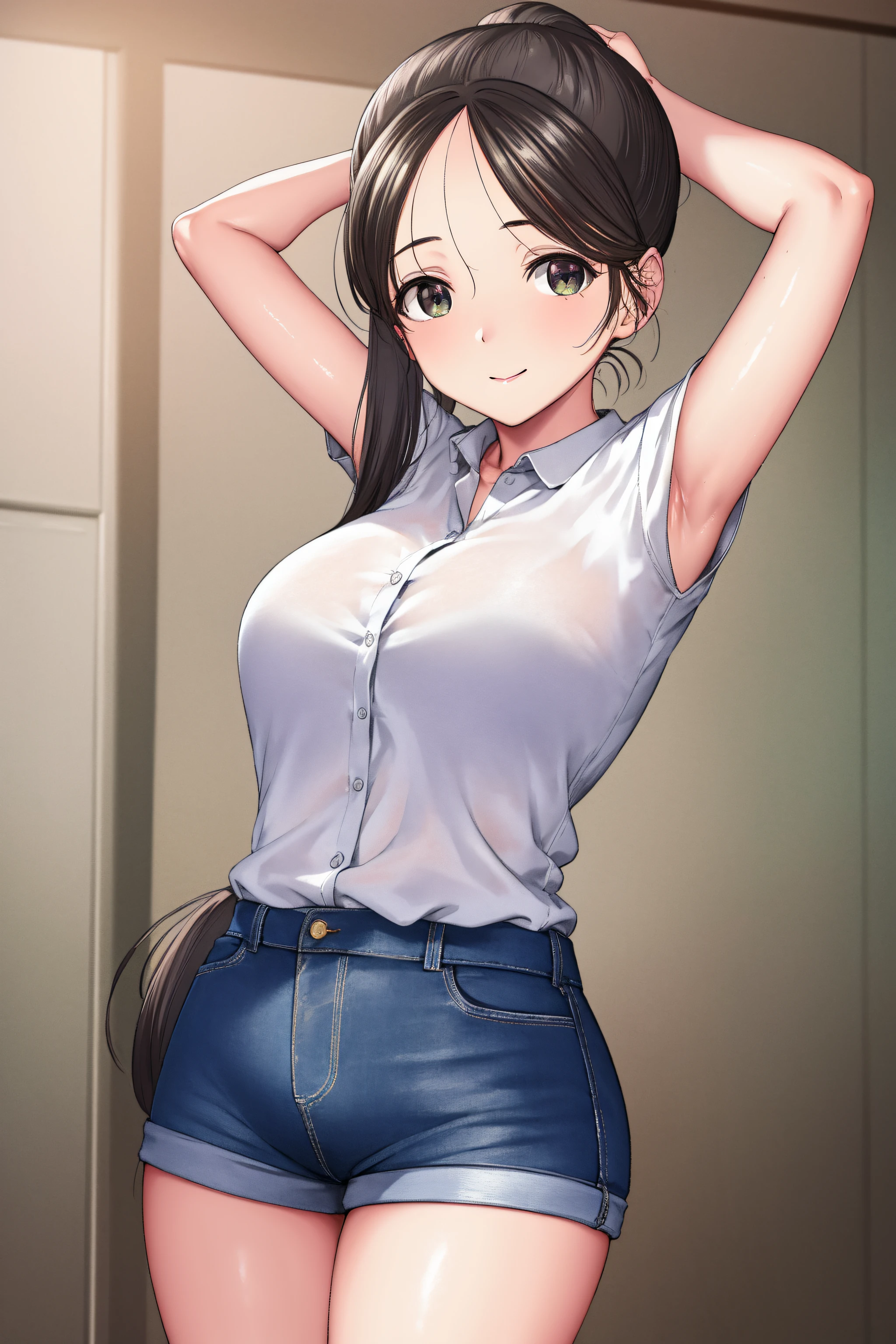 akaneyoshizawa, akane yoshizawa, black hair, ponytail, (green eyes:1.5), swept bangs, long hair,
BREAK pink bra, cardigan, short shorts,
BREAK indoors, classroom,
BREAK looking at viewer, (cowboy shot:1.5),armpits,arm up,seductive smile,
BREAK (masterpiece:1.2), best quality, high resolution,NSFW ,unity 8k wallpaper, (illustration:0.8), (beautiful detailed eyes:1.6), extremely detailed face, perfect lighting, extremely detailed CG, (perfect hands, perfect anatomy),