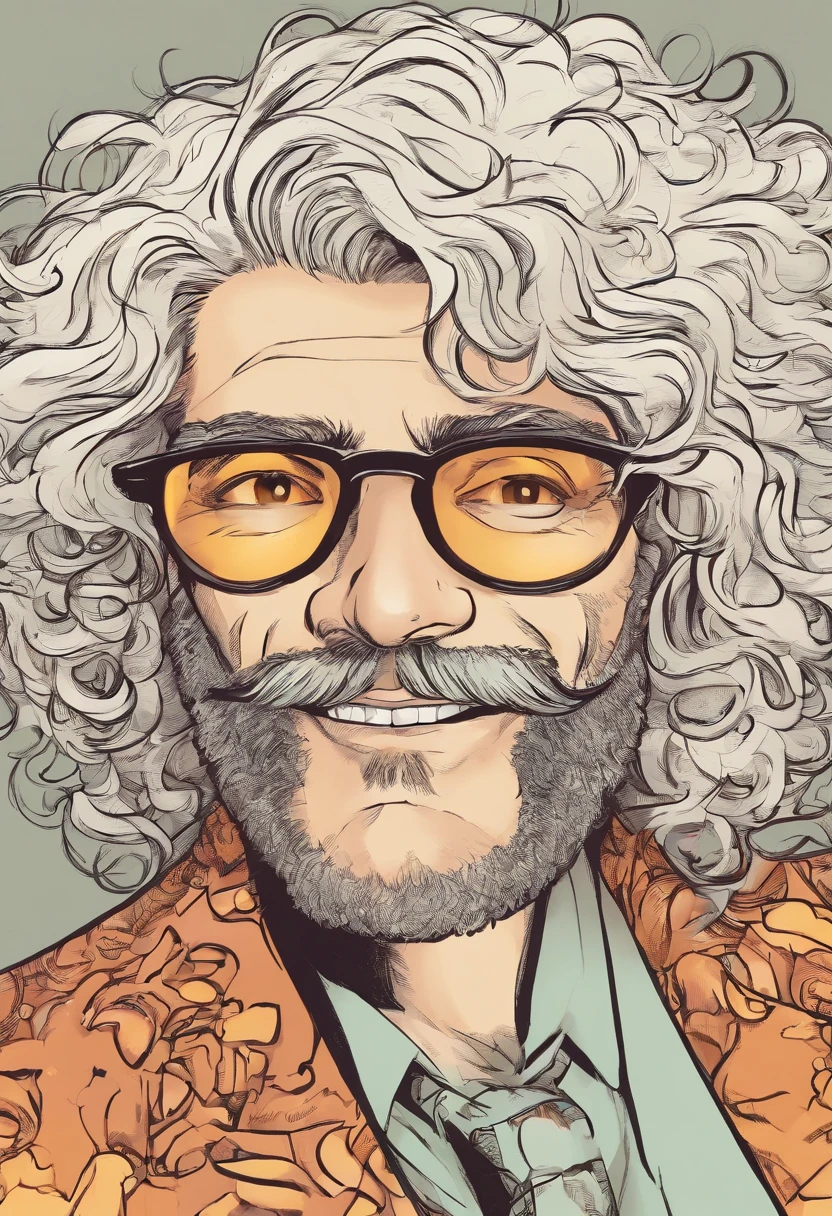 homem magro, cabelo na altura dos ombros, curly hair, franja frontal encaracolado, circle glasses, brincos grandes, barba,