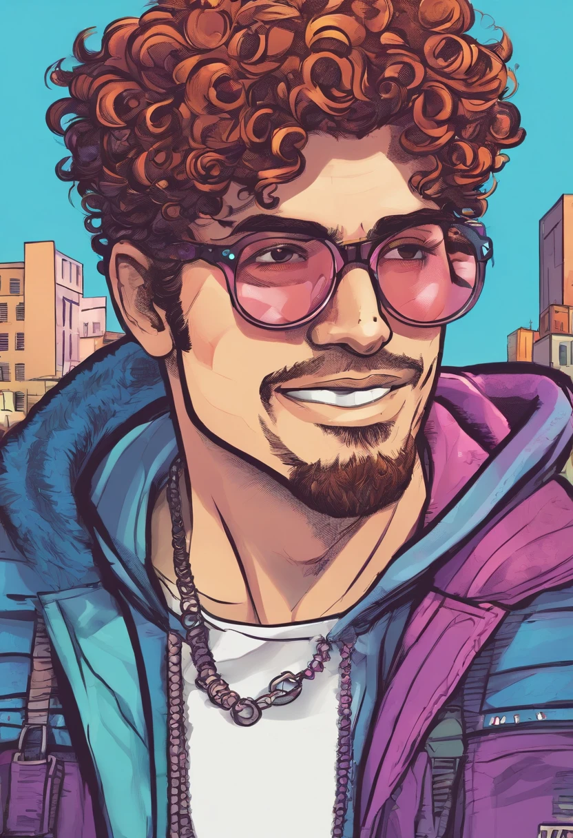 homem magro, cabelo na altura dos ombros, curly hair, franja frontal encaracolado, circle glasses, brincos grandes, barba,