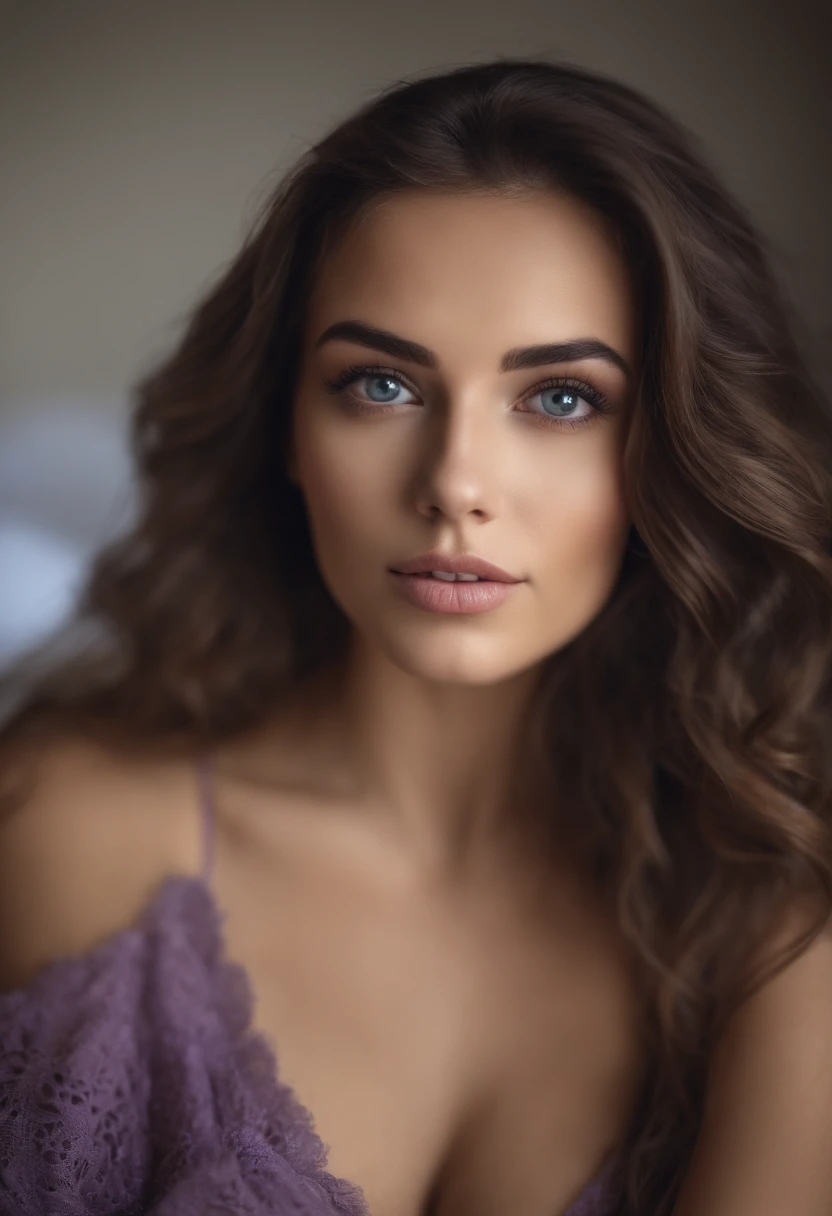 Arafed woman completely , fille sexy aux yeux bruns, ultra realist, Meticulously detailed, Portrait Sophie Mudd, cheveux bruns et grands yeux, Selfie d'une jeune femme, Dubai Eyes, Violet Myers, sans maquillage, maquillage naturel, looking straight at camera, Visage avec Artgram, Maquillage subtil, Great photo of the whole body kneeling on the bed, dans la chambre, Medium to large bust