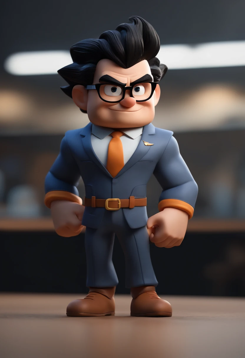 Goku cartoon character wearing black glasses and a gray shirt and black suit, um personagem animado, Caractere estilizado, animation style rendering, 3D estilizado, Arnold Maya render, 3 d render stylized, toon render keyshot, Personagem 3D, Personagem 3D, 3d rendering stylized, 3 d character render, personagem de desenho animado, Personagem de close up, Pose de personagem, (Estilo Pixar) (master part:1.2) (Bokeh) (best quality) (pele detalhada) (textura detalhada) (8k) (argila) (Cinematic lighting) (foco nítido，Senta e vaza a parte superior do corpo