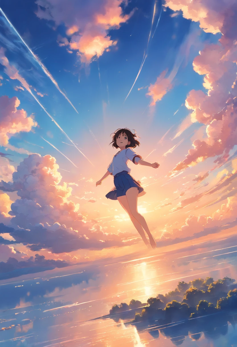 masterpiece, best quality, movie still, 1girl, cloud girl, floating in the sky, close-up, bright, happy, warm soft lighting, sunset, (sparks:0.7)