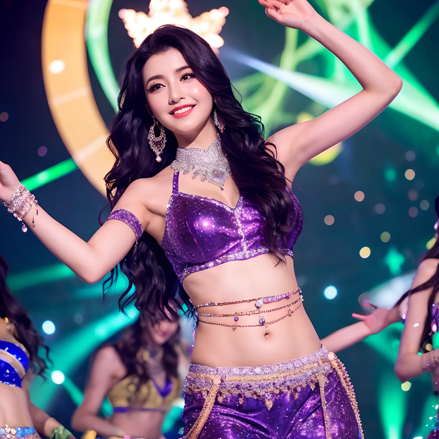 graceful beauty、Long Black Hair、Japanese、belly dancer、purple outfit、The background is Arabic style、