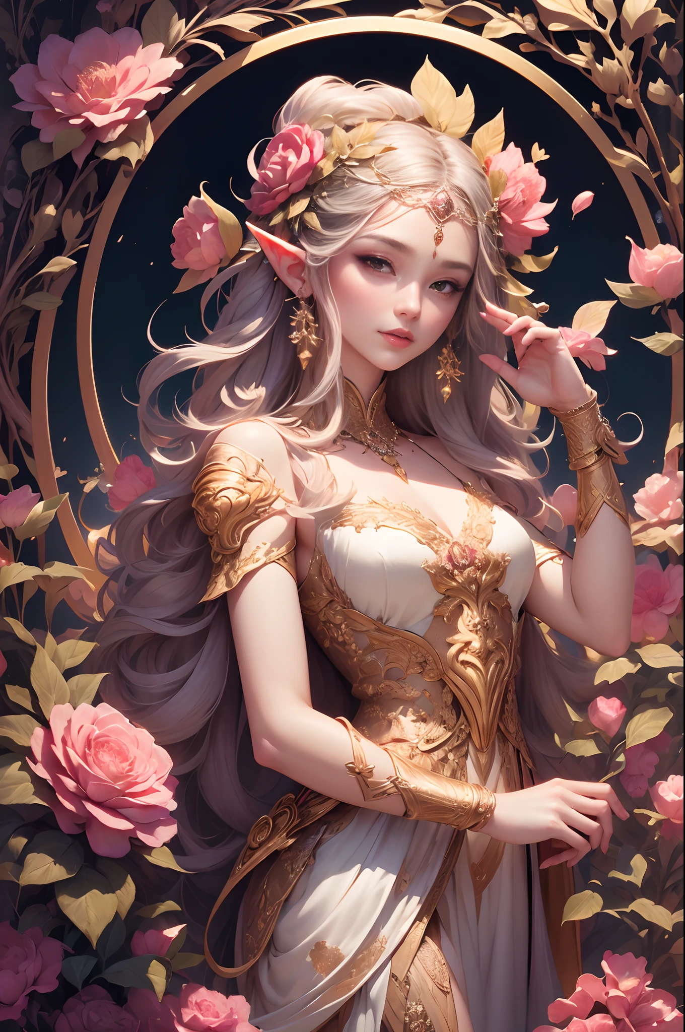 a painting of a woman with flowers in her hair, beautiful line art, exquisite line art, Goddess. Extremely high detail,, detailed matte fantasy portrait, Line art, extremely fine ink lineart, Official illustration, A beautiful artwork illustration, Line art, highly detailed linework, lineart behance hd, art nouveau ink illustration, beautiful and elegant elf queen, Fantasy art style, goddes. very high detail, artwork of a, Picture books, Masterpiece, best qualtiy, (Extremely detailed Cg Unity 8K wallpaper), (best qualtiy), (Best Illustration), (Best shadows), Absurd, Realistic lighting, (Abyss), beautiful detailed glow