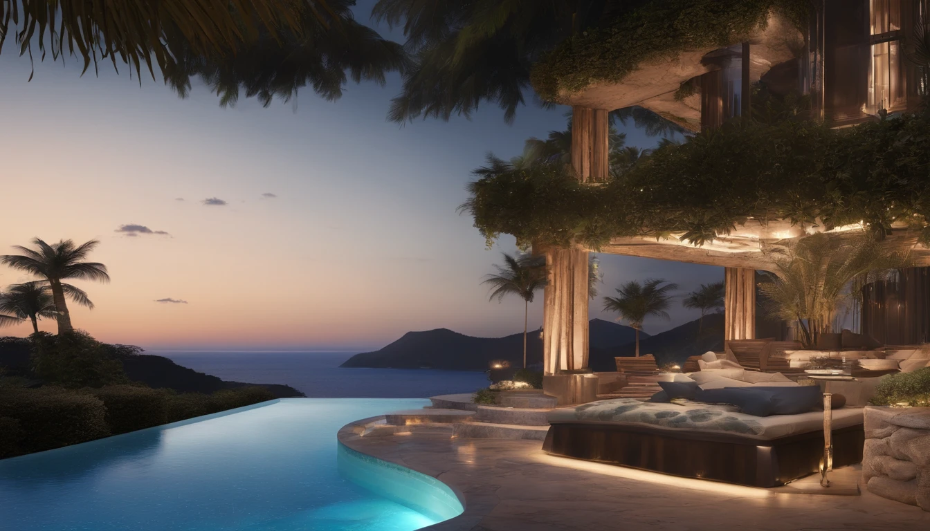 Tropical Night,Mansion on a hill,Mountains and seas in the distance,The outdoor living room has a large open veranda,Moody ocean blue pool,((It is lit up from the bottom of the pool)),High-quality flooring by the pool,You can see the beautiful sea beyond the cushion hill where you can relax.,4k,An ultra-high picture quality,Luxury space,Moody indirect lighting,houseplant,rich,Rich,VIP,VIP Moments