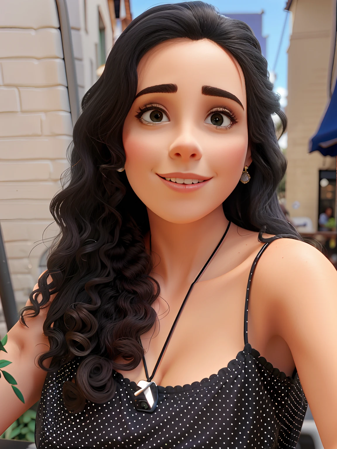Beautiful Brazilian woman sitting and drinking coffee outside on the side of the street in a small café, beautiful face, Cabelo preto ate o ombro com olhos castanhos e sombra pesada, Wearing jeans and a black polo shirt, grande estilo de moda, looking at you with loving eyes and a soft smile, Background is a European city of the city center, fundo desfocado, profundidade de campo rasa, Cinematic light, luz suave,
