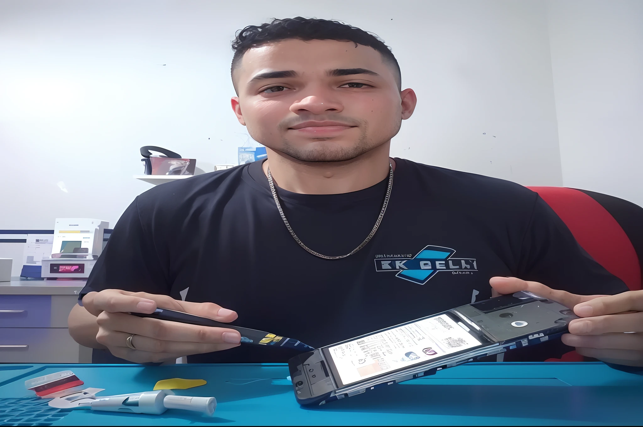 arafed man holding a broken cell phone in front of a blue table, by Emerson Silva, by Willian Murai, by Ramón Silva, it specialist, holding a pair of fans. unreal 5, caio santos, by Rafail Levitsky, by Luis Miranda, by Nándor Katona, hdd, by Samuel Silva, andrea rocha