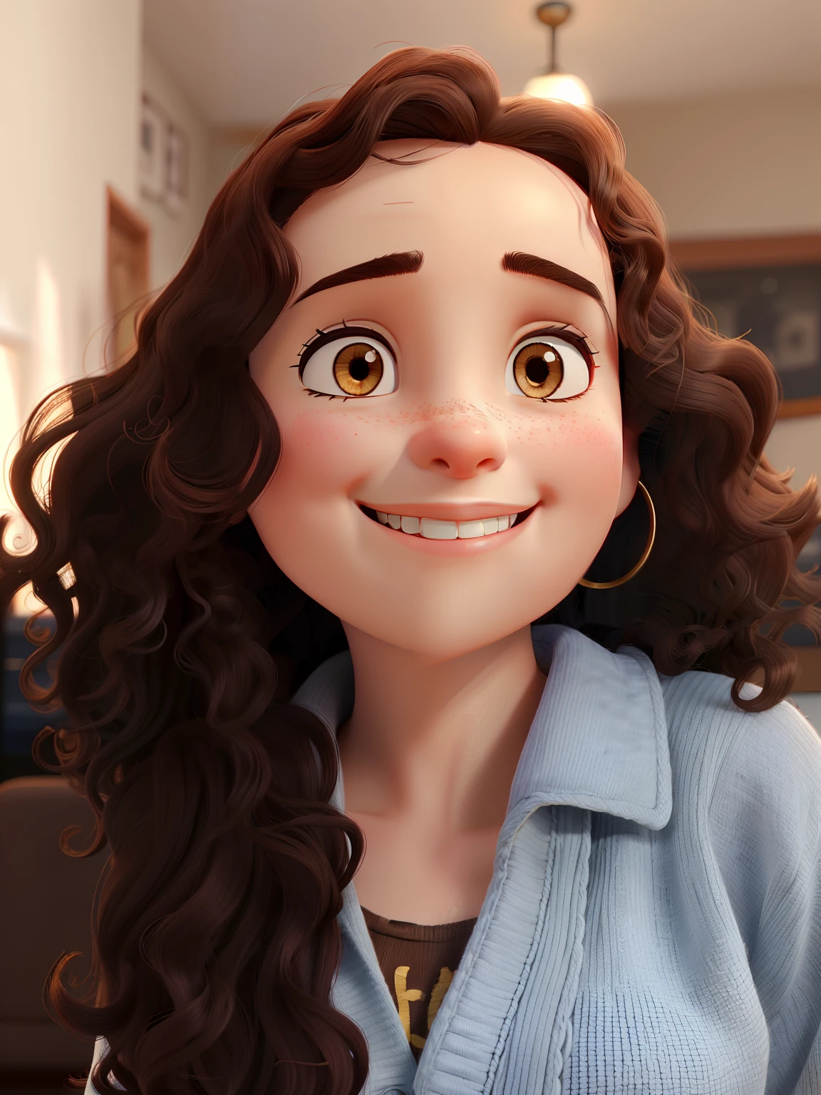 A beautiful girl with medium curly hair with bangs and dark brown, Dark eyes in jeans and white knitting smiling