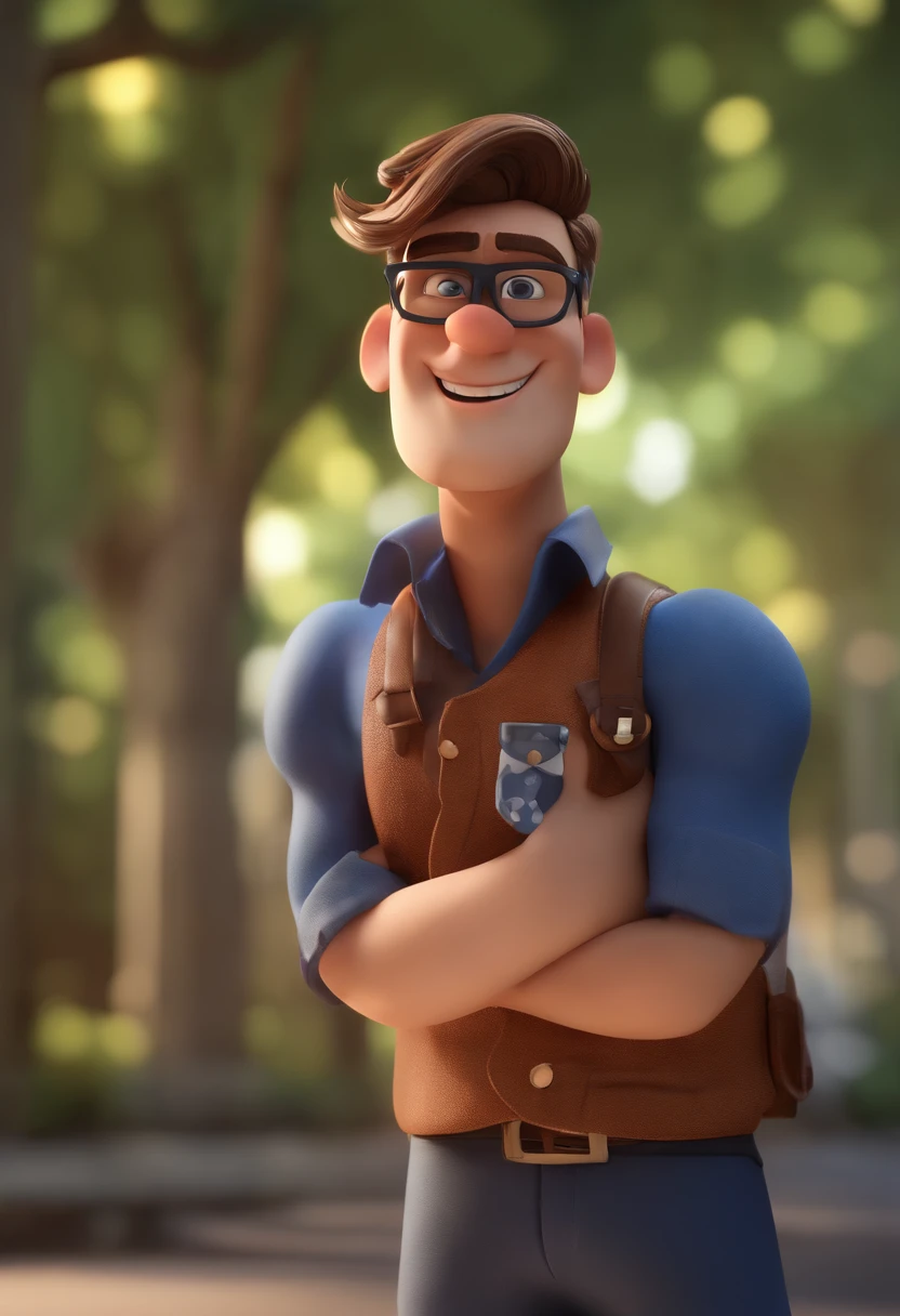 Cartoon character of a man wearing black glasses and a blue shirt, um personagem animado, Caractere estilizado, animation style rendering, 3D estilizado, Arnold Maya render, 3 d render stylized, toon render keyshot, Personagem 3D, Personagem 3D, 3d rendering stylized, 3 d character render, personagem de desenho animado, Personagem de close up, Pose de personagem, (Estilo Pixar) (master part:1.2) (Bokeh) (best quality) (pele detalhada) (textura detalhada) (8k) (argila) (Cinematic lighting) (foco nítido，Senta e vaza a parte superior do corpo