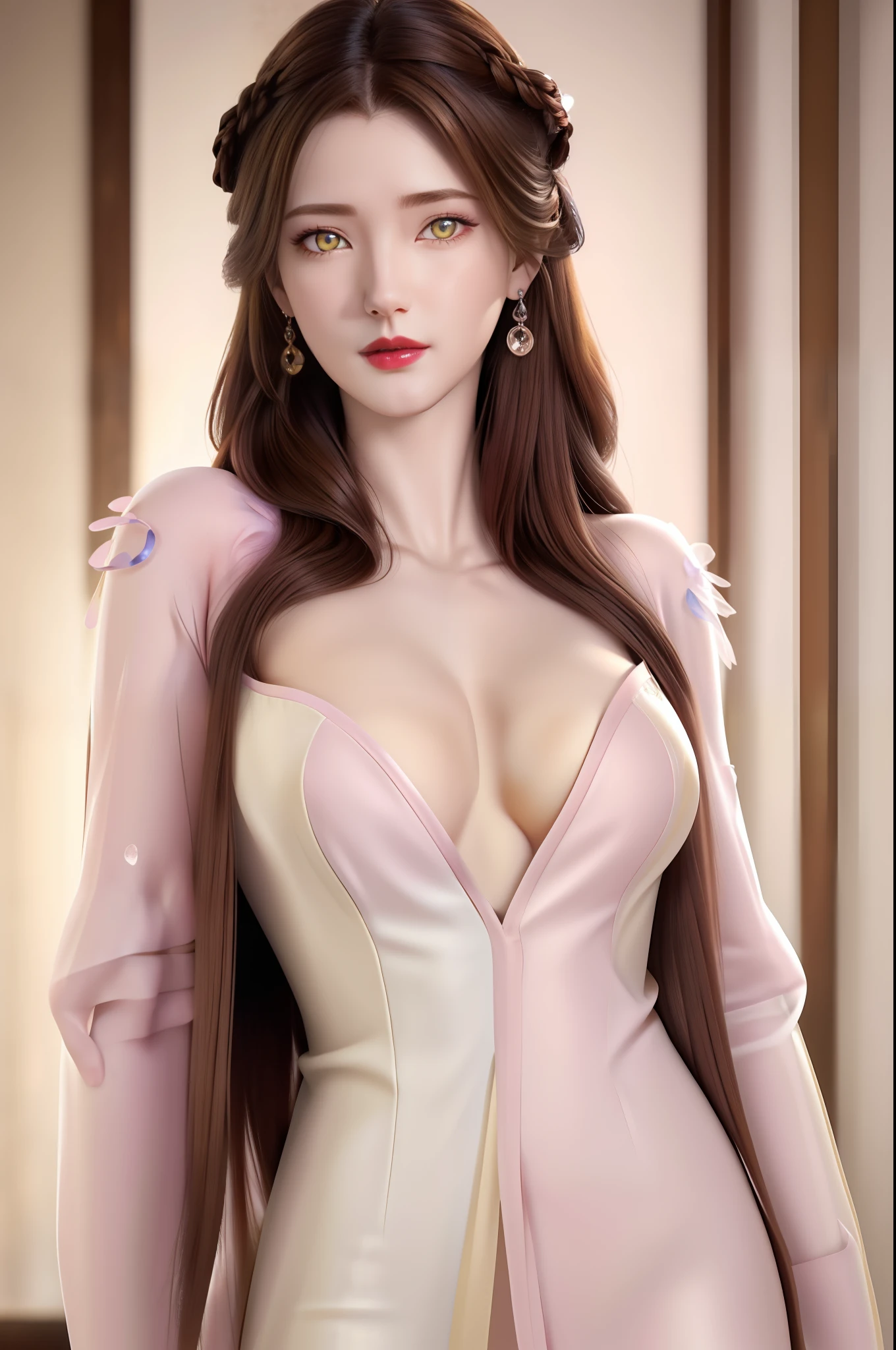 (hyperrealistic girl), (illustration), (high resolution), (8K), (extremely detailed), (best illustration), (beautiful detailed eyes), (best quality), (ultra-detailed), (masterpiece), (wallpaper), (photorealistic), (natural light), (rim lighting), (detailed face), (high detailed realistic skin texture), (anatomically correct), (solo), (1 girl), (high detailed realistic hair), (caramel hair:1.35), (heterochromic eyes), (detailed eyes), (light yellow eyes:1.37), (sparkling eyes), (realistic big breasts:1.5), (exposed breasts:1.35), (long legs), (slender abs), (dynamic pose), (closed tiny mouth:1.3), (nsfw), (concentrated expression), (topless), (natural pink lipstick:1.3)