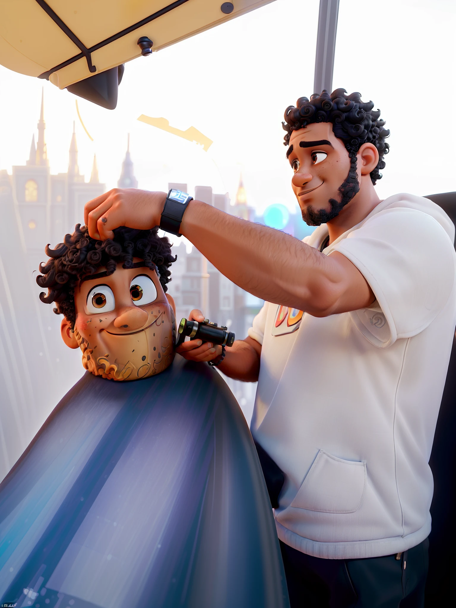 (best quality:1.2,ultra-detailed,realistic:1.37),Man with camera in hand,black and curly hair,black background,Disney Pixar,high quality,prominent facial features,vibrant colors,detailed textures,professional lighting,photorealistic,artistic composition,bokeh,attention to detail,expressive eyes,masterpiece:1.2