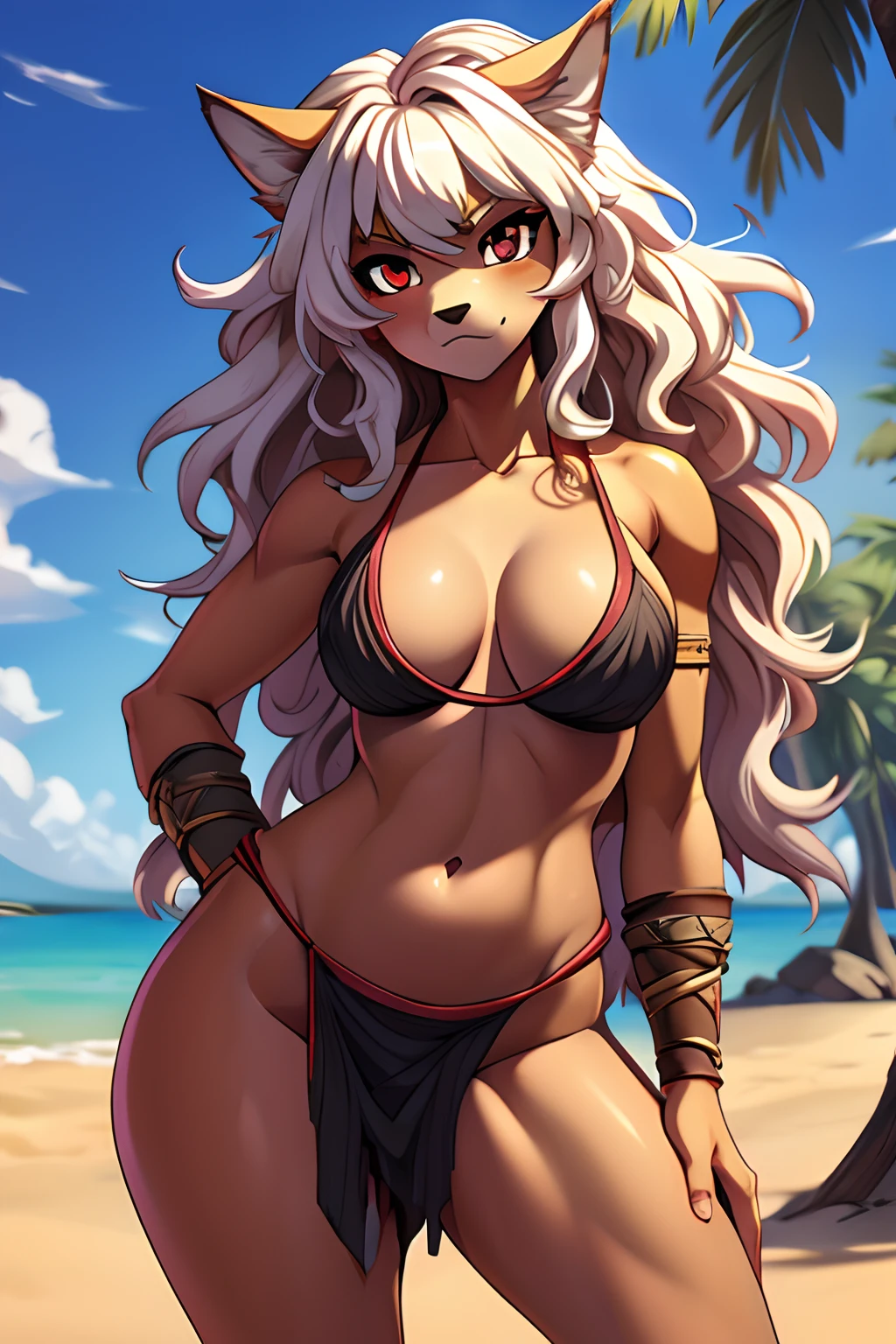 Wolf Girl, Anthropomorphic female wolf, wolf tail, furry wolf, Wolf Features, Long messy hair and long bangs, Beautiful cute face, A cautious expression on his face, caution, distrust, Facing the camera, The body is covered with wool, Skin color: white, Dirty body, Body glare, Scarred body, tanned body, ((pretty eyes)), red-eyes, ((Perfect Sexy Figure)), Ideal body shapes, big thighs, ((Subtle and beautiful)), ((Amazon savage woman ragged clothes)), Sexually seductive standing position, Full-length, background: wild jungle desert island sunset, Depth of field, ((ultra quality)), ((tmasterpiece)), clear image, crisp details, Realistic, Professional Photo Session, Clear Focus, the anime, Colorfully drawn