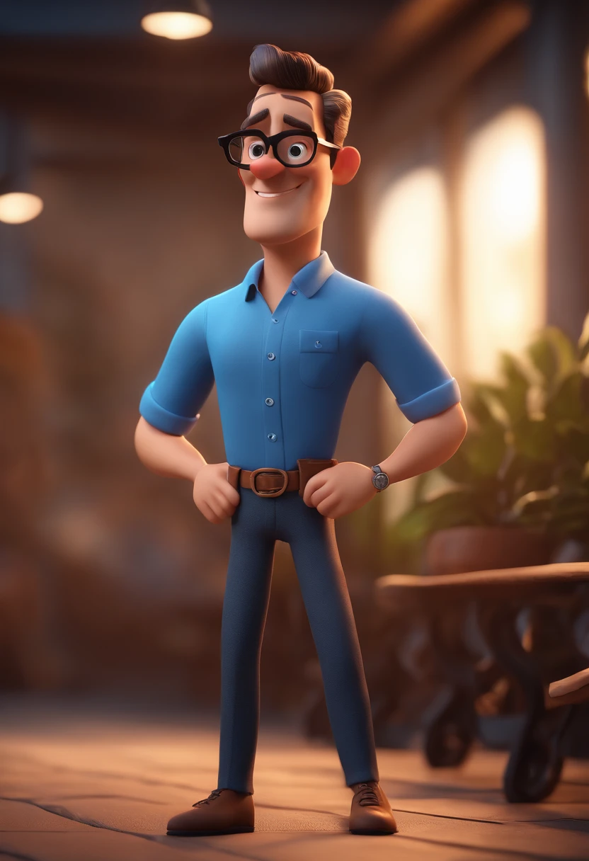 Cartoon character of a man with black glasses and a blue shirt, animation character, Caractere estilizado, animation style rendering, 3D estilizado, Arnold Maya render, 3 d render stylized, toon render keyshot, Personagem 3D, Personagem 3D, 3d rendering stylized, 3 d character render, personagem de desenho animado, Personagem de close up, Pose de personagem, (Estilo Pixar) (master part:1.2) (Bokeh) (best quality) (pele detalhada) (textura detalhada) (8k) (argila) (Cinematic lighting) (foco nítido