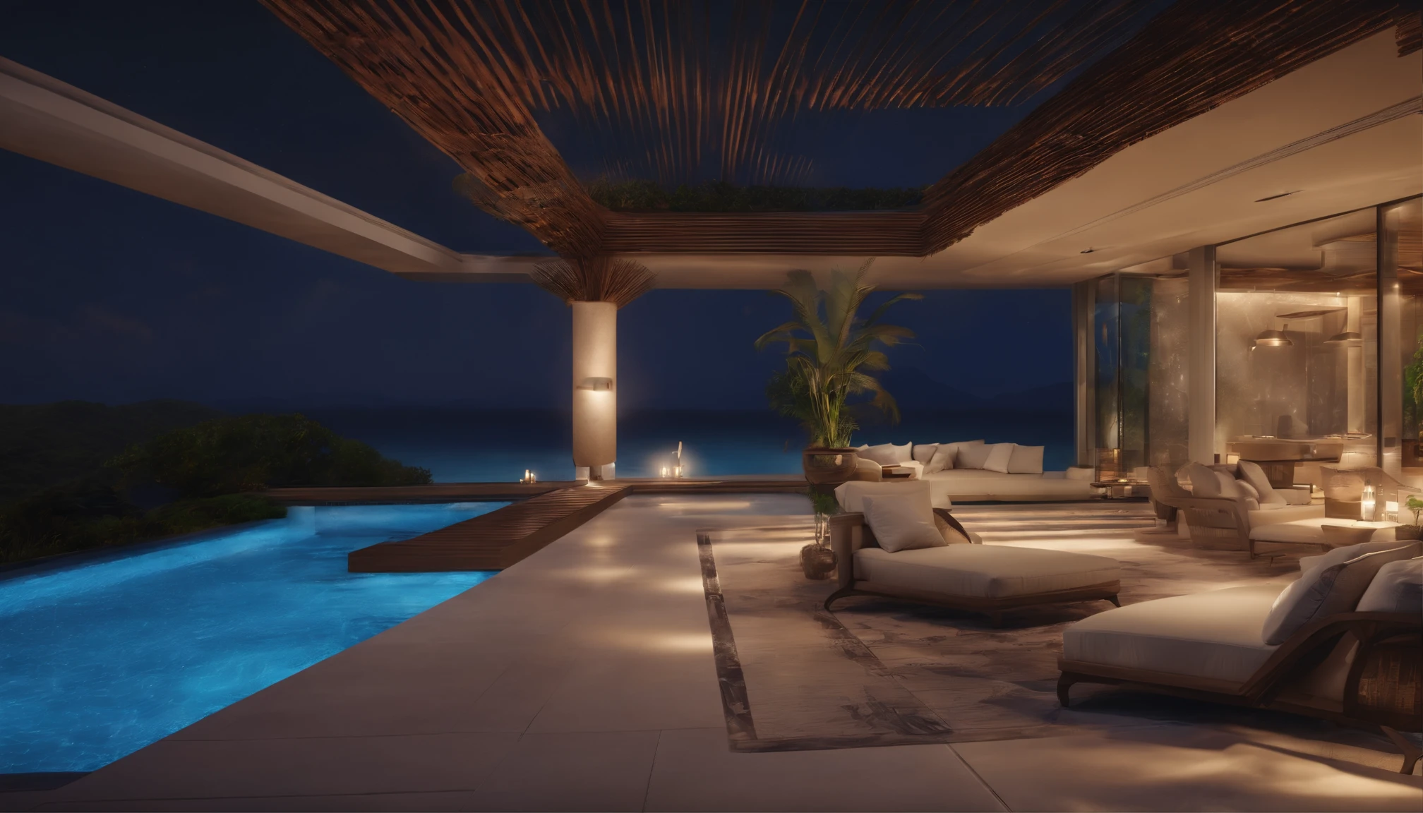 Tropical Night,Mansion on a hill,Mountains and seas in the distance,The outdoor living room has a large open veranda,Moody ocean blue pool,((It is lit up from the bottom of the pool)),High-quality flooring by the pool,You can see the beautiful sea beyond the cushion hill where you can relax.,4k,An ultra-high picture quality,Luxury space,Moody indirect lighting,houseplant,rich,Rich,VIP,VIP Moments