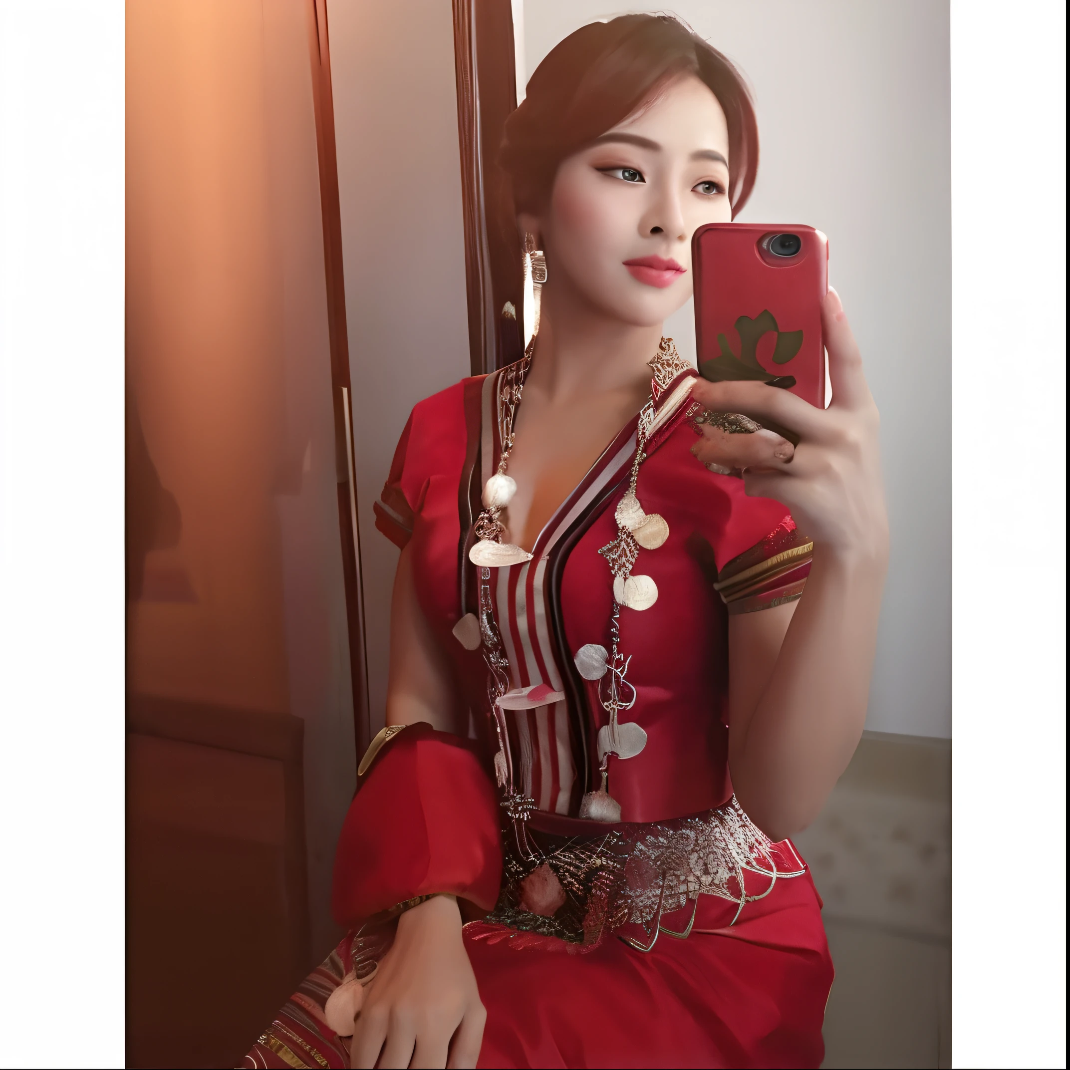 araffe woman in a red dress taking a selfie with a cell phone, traditional beauty, sukhothai costume, traditional dress, wearing an elegant tribal outfit, south east asian with long, traditional clothes, nivanh chanthara, traditional, traditional tai costume, traditional costume, wearing red attire, 2 2 years old, anime thai girl, gorgeous lady
