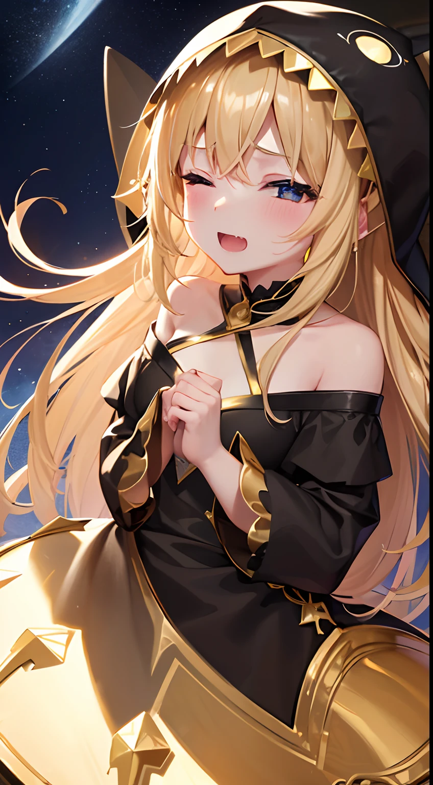 hight resolution、hightquality、ultra-detailliert、8k wallpaper、1人の女性、Beautiful fece、adult-like、a blond、Wearing a shark hood、Teeth are shark fangs、Kamimei、Melancholy is in the air、Lovers feeling、Little devil feeling、Be loved、Familiarity、Gold and black dress、Gold and black background、opulent、Overall more gold and black、Sleeping on the moon with closed eyes