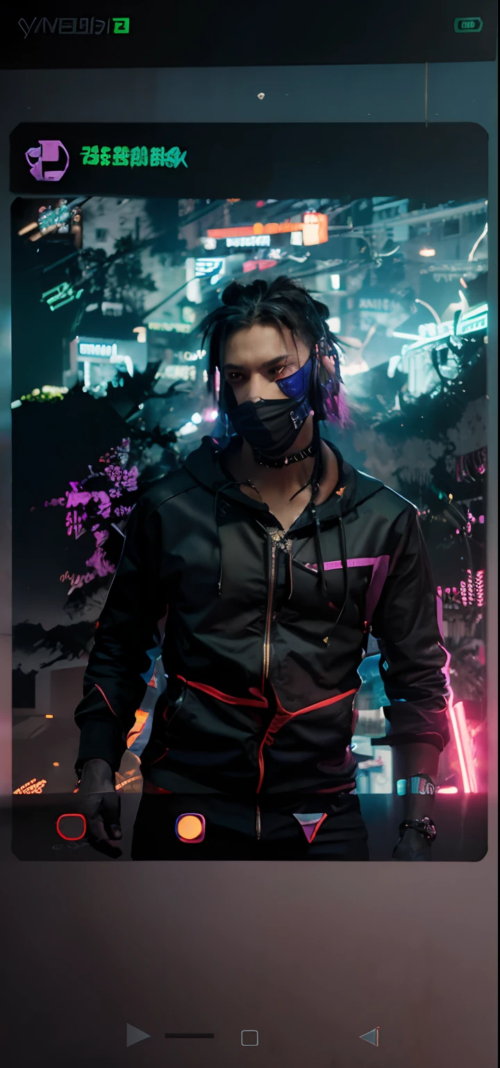 The Young Man in the Hood, face mask, Neon ring in the background, cyberpunk , Cyberpunk style, Cyberpunk style, cyberpunk character, hyper realistic cyberpunk style, The color of cyberpunk, Powerful lighting, Motion Synchronization, Dynamism, Charged energy, Hot action