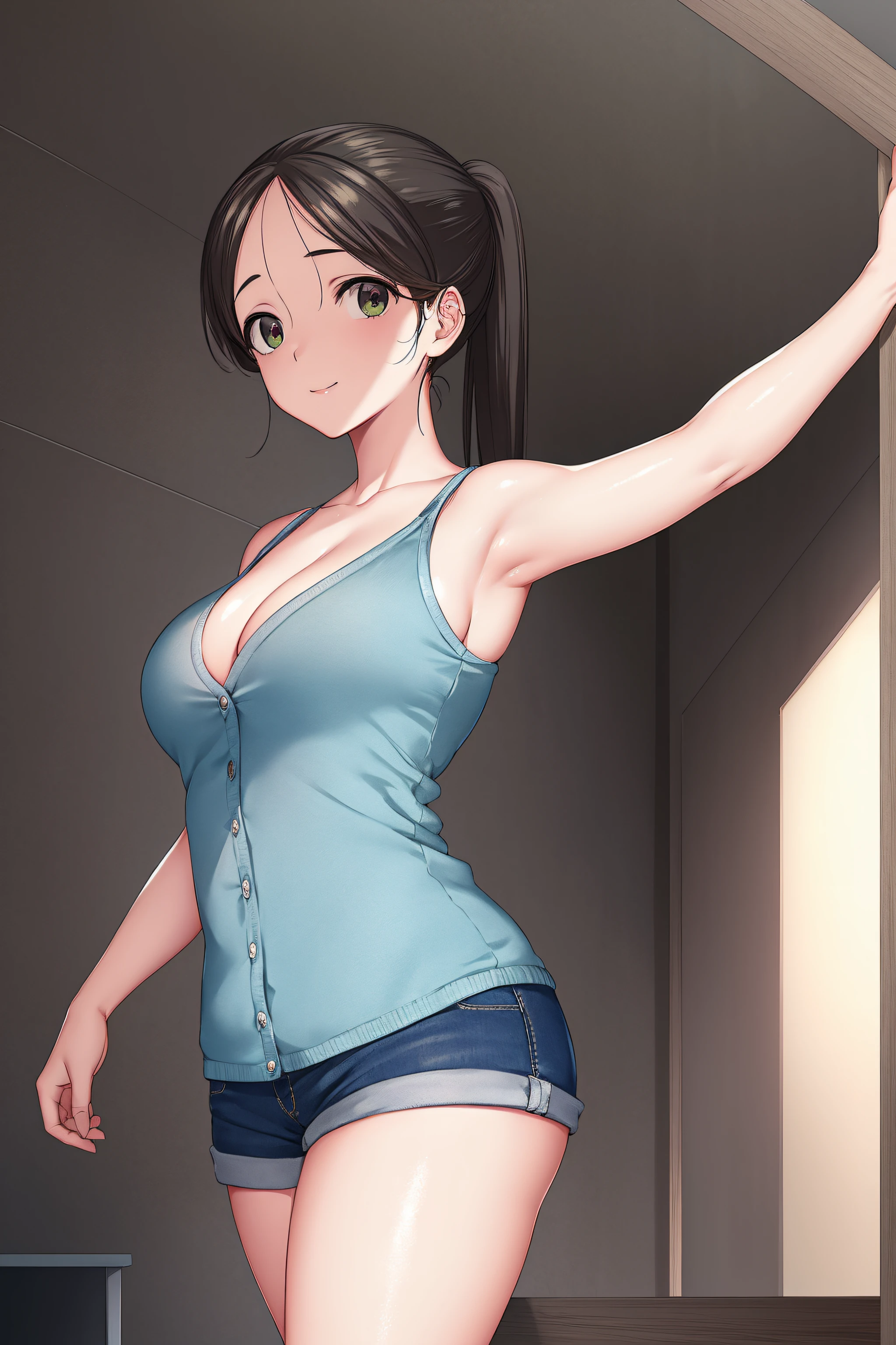 akaneyoshizawa, akane yoshizawa, black hair, ponytail, (green eyes:1.5), swept bangs, long hair,
BREAK wearing pink bra, cardigan, short shorts,
BREAK indoors, classroom,
BREAK looking at viewer, (cowboy shot:1.5),armpits,arm up,seductive smile,
BREAK (masterpiece:1.2), best quality, high resolution,NSFW ,unity 8k wallpaper, (illustration:0.8), (beautiful detailed eyes:1.6), extremely detailed face, perfect lighting, extremely detailed CG, (perfect hands, perfect anatomy),