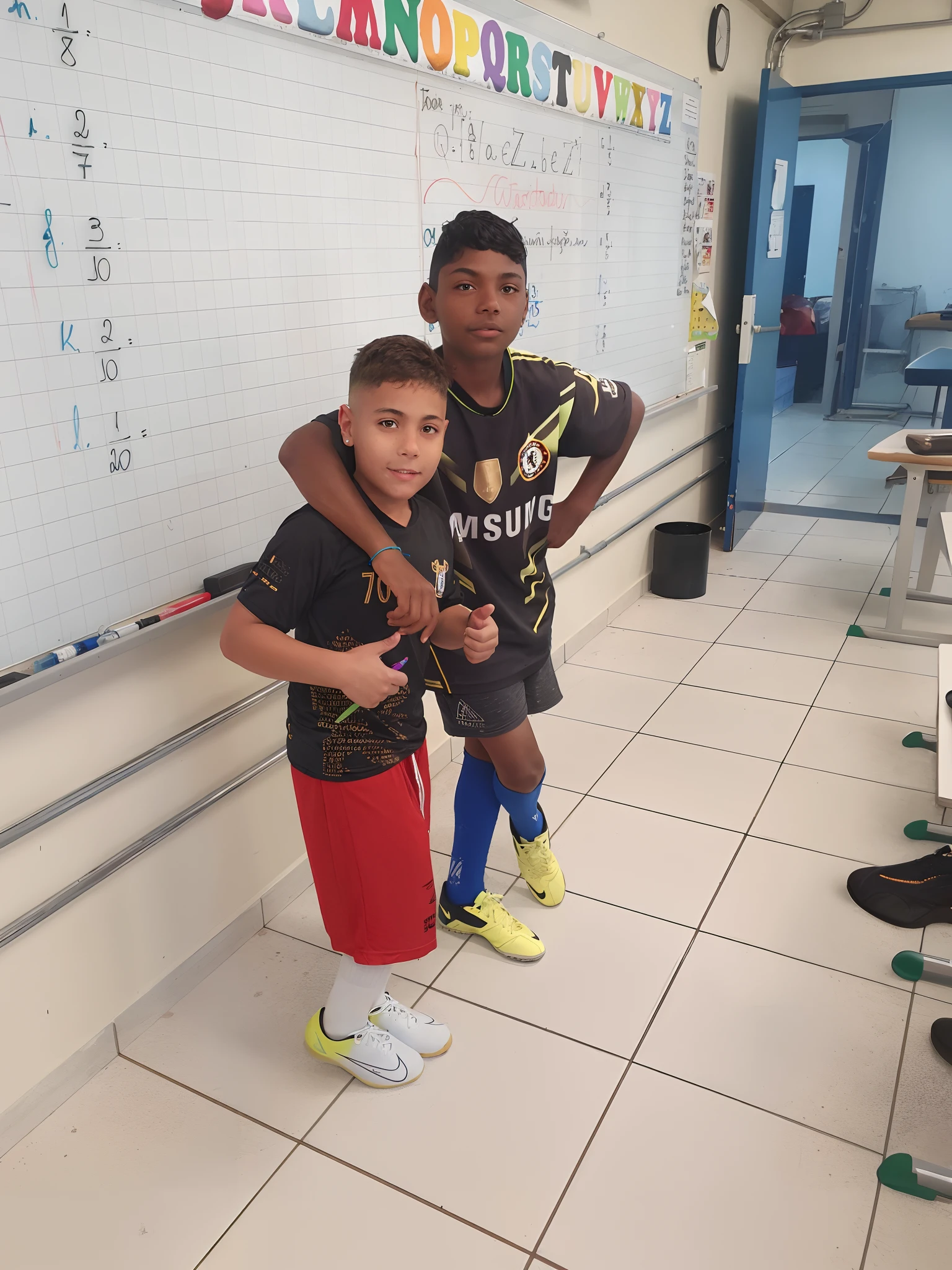 There's two boys in front of a whiteboard, mateus 9 5, John Picacio e Brom, Directed by: Willian Murai, vestindo uniforme de futebol escolar, por Romain brook, Malika Favre, ombro na frente pose, Feliz!!!, Directed by: Joseph Pisani, retrato!!!, Adrien Girod, artemixel