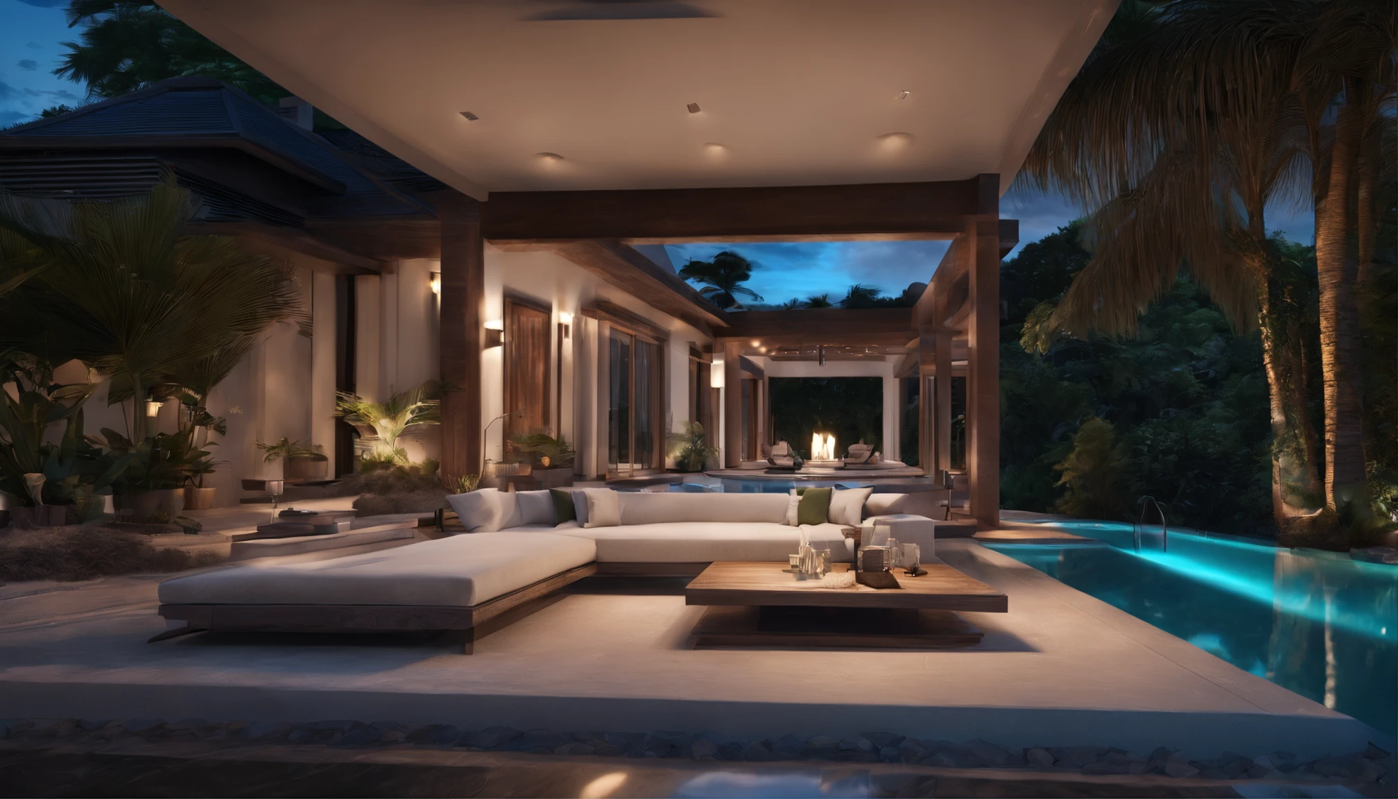Tropical Night,Mansion on a hill,Mountains and seas in the distance,The outdoor living room has a large open veranda,Moody ocean blue pool,((It is lit up from the bottom of the pool)),High-quality flooring by the pool,You can see the beautiful sea beyond the cushion hill where you can relax.,4k,An ultra-high picture quality,Luxury space,Moody indirect lighting,houseplant,rich,Rich,VIP,VIP Moments