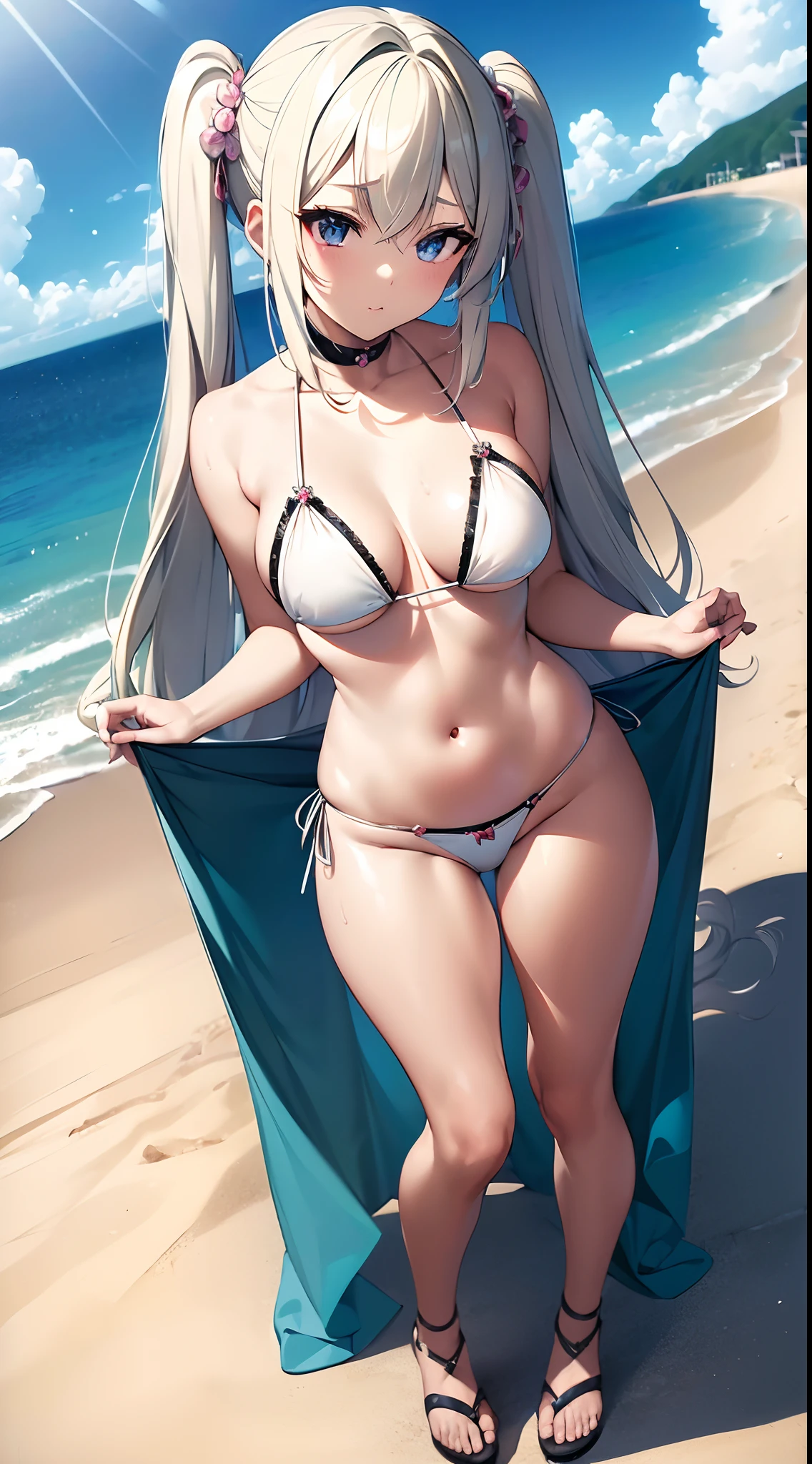 ((Best Quality)), (ultra-detailliert), ((Extremely detailed)), (Beautiful), ((Kawaii Girl)),(two side up hair)、((masutepiece)),Platinum Blonde Hair,Long hair, hair between eye, Wavy Hair, Long sideburns,Jade colored eyes, White skin,Normal Chest,Slender body,side tie bikini bottom、Sandals,in beach,Solo,One Woman,Anime