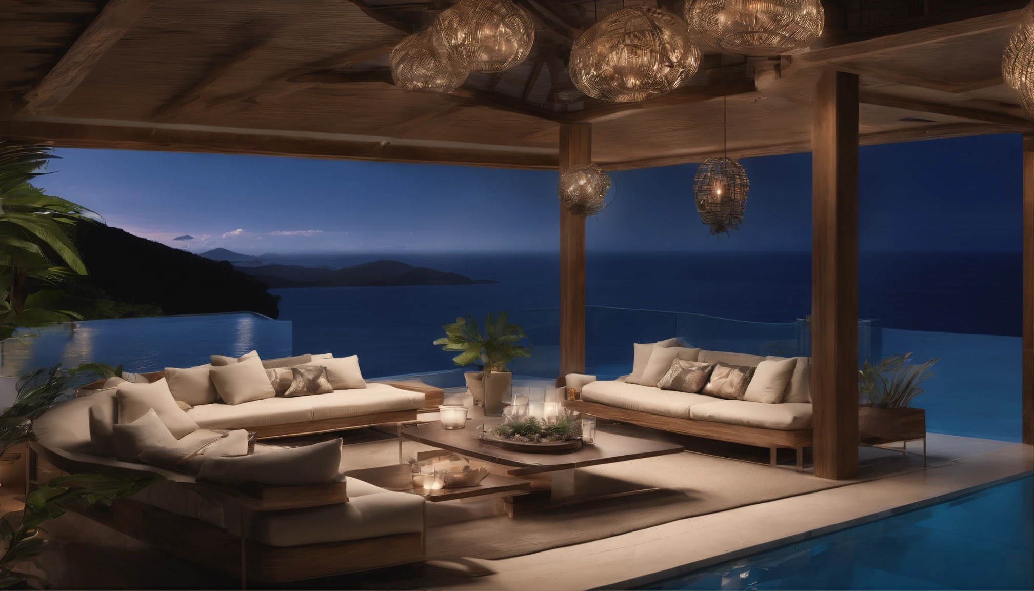 Tropical Night,Mansion on a hill,Mountains and seas in the distance,The outdoor living room has a large open veranda,Moody ocean blue pool,((It is lit up from the bottom of the pool)),High-quality flooring by the pool,You can see the beautiful sea beyond the cushion hill where you can relax.,4k,An ultra-high picture quality,Luxury space,Moody indirect lighting,houseplant,rich,Rich,VIP,VIP Moments