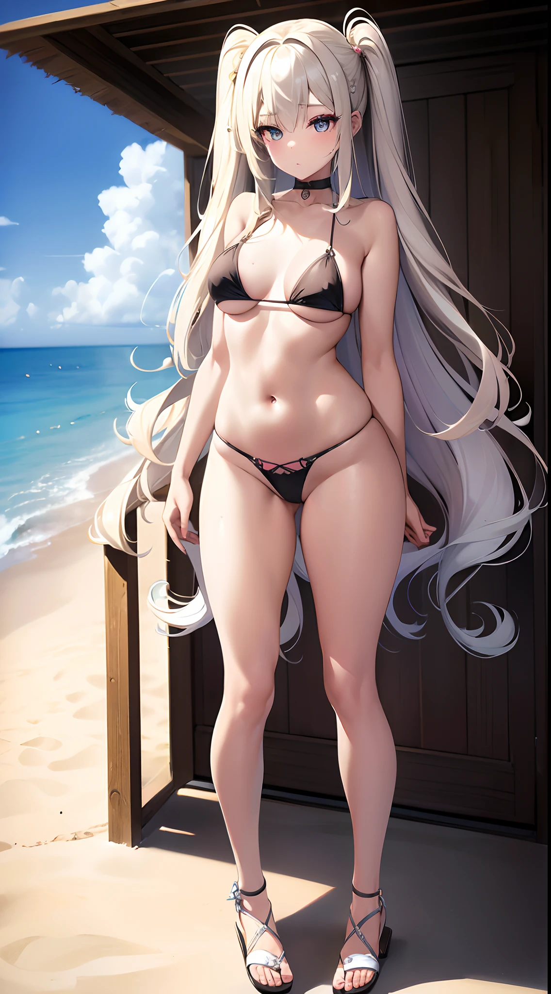 ((Best Quality)), (ultra-detailliert), ((Extremely detailed)), (Beautiful), ((Kawaii Girl)),(two side up hair)、((masutepiece)),Platinum Blonde Hair,Long hair, hair between eye, Wavy Hair, Long sideburns,Jade colored eyes, White skin,Normal Chest,Slender body,side tie bikini bottom、Sandals,in beach,Solo,One Woman,Anime