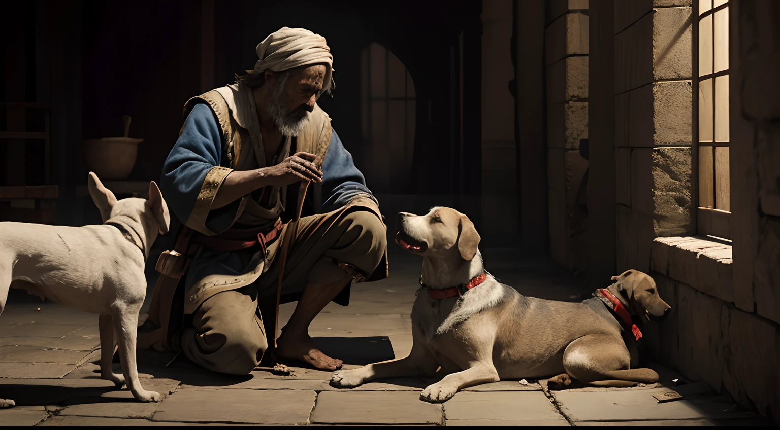 In Bible times there was a beggar covered in wounds with dogs that came to lick his wounds, 8k, HDR, Cinematic dramatic light