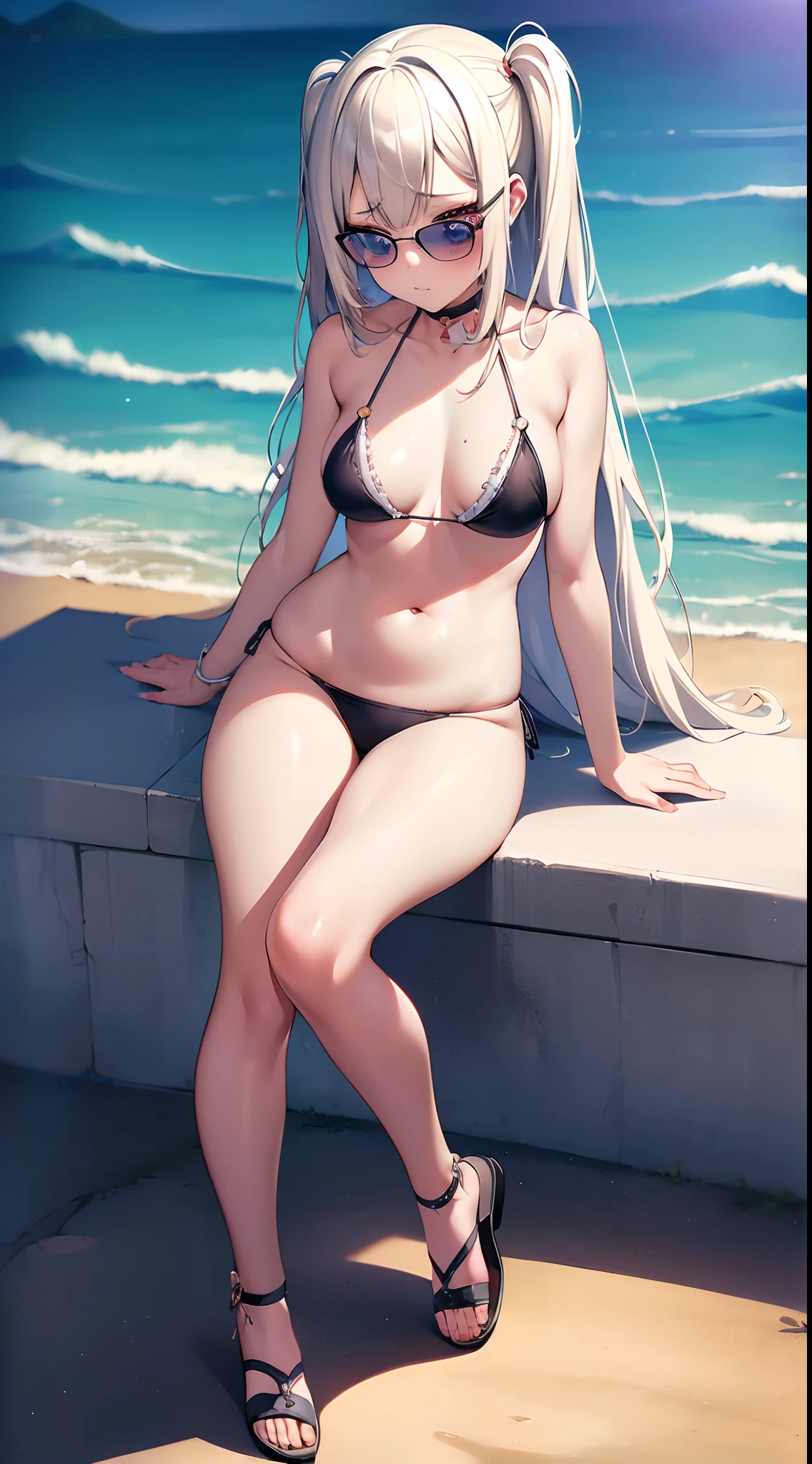 ((Best Quality)), (ultra-detailliert), ((Extremely detailed)), (Beautiful), ((Kawaii Girl)),(two side up hair)、((masutepiece)),Platinum Blonde Hair,Long hair, hair between eye, Wavy Hair, Long sideburns,Jade colored eyes, White skin,Normal Chest,Slender body,side tie bikini bottom、Sandals,in beach,Solo,One Woman,Anime