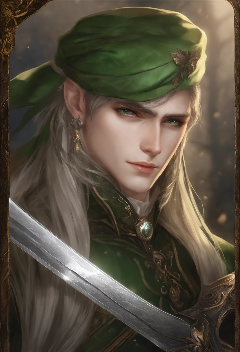 master part, best quality, 1 homem, adulto, Foco masculino, sozinho, medium blonde hair, olhos verdes vibrantes, Olhando para o Viewer, cabo, Textura de metal de alta qualidade, sobretudo, boca fechada, franja, gola alta,(KBXLL:0.6), fantasy aesthetic, altamente detalhado, estilo shadowverse, Equipamento Executor, orelha de elfo, Fix hands