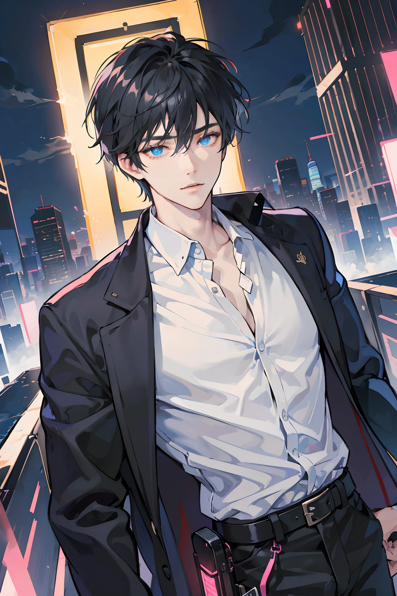 (absurdres, highres, ultra detailed, anime style), 1boy, adult, handsome, tall muscular guy, broad shoulders, finely detailed eyes, black hair, hair between eyes, crystal blue eyes, holographic, black coat, gun holster, chest strap, tight shirt, intense run, speed, neon-lit night city, neon sign, skyscraper, Cyan, Magenta, (dutch angle), long face, closed mouth