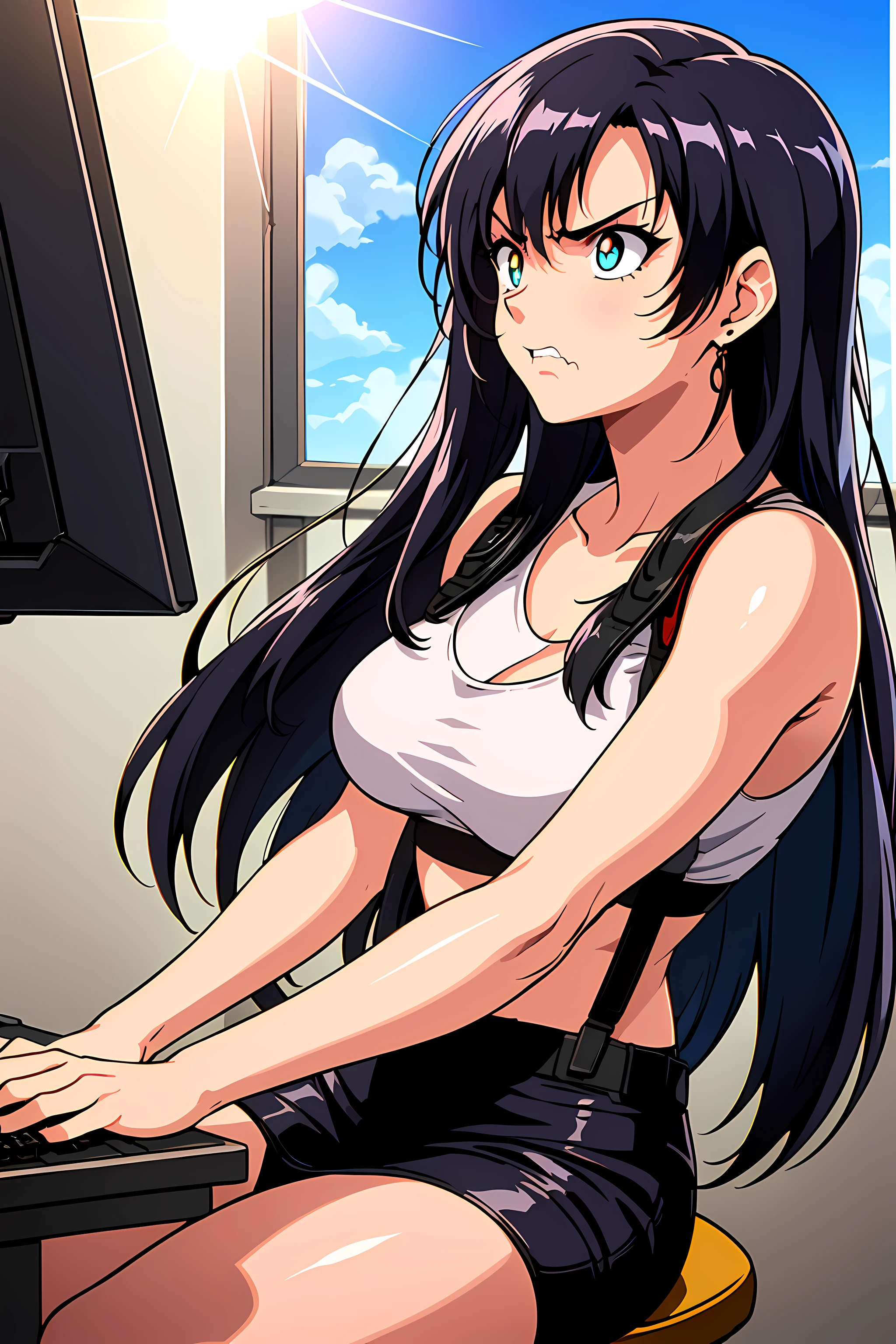 (top-quality:1.3), (​masterpiece:1.4),(Anatomically correct), (Full limbs),(complete fingers),(Precise fingertips), (Fine details),(8K),Photorealista,(Super Detail),(90s Anime,9 0 s anime,9 0 s anime style,anime cels,cel shaded anime),(Tifa Lockhart:1.52), (1人の女性:1.5),
((She is sitting in a chair and operating a keyboard,Staring at your computer display,The chest is on the desk,The camera is capturing her profile):1.10),
((rage)), Color Theme Red, Dramatic light, Violence Everywhere, Bloody destruction of corpses in the background, Dark and blurry background, (angry expressions:1.52), (Raging Eyes:1.24), (Luminous Eyes:1.17), Mental breakdown, intimidation, Ways to harm, (irate:1.28), revenge, rage, destruction, murder, Maniacal,
eyes focus,(Masterfully crafted Glow,Sky Blue Lens Flare:1.7), Hyper-detailing, (delicate detail), (intricate detailes), octane renderings, nffsw, (Hyper-detailing:1.15), (softlight:1.2), ultradetailed eyes,Plump, A thick, Rainbow Paint Drop,(super model:1.3), Paint Teardrop, Woman made up of paint, entirely paint, Splat, Splash, Indoors,(Bioluminescent hair:1.1),(radiant eyes),((make - up)),(Cinematic Masterpiece),intensely,Powerful,splashes of colour absolutely eye-catching,(Cinematic headlight),((coustics)),dynamic ungle,beautiful detailed brilliance,Ambient Occlusion,ambient lights,ray trace reflection,(The best lighting、extremely delicate and beautiful),((ciinematic light)),with light glowing,Happiness,Warm and soft lighting,