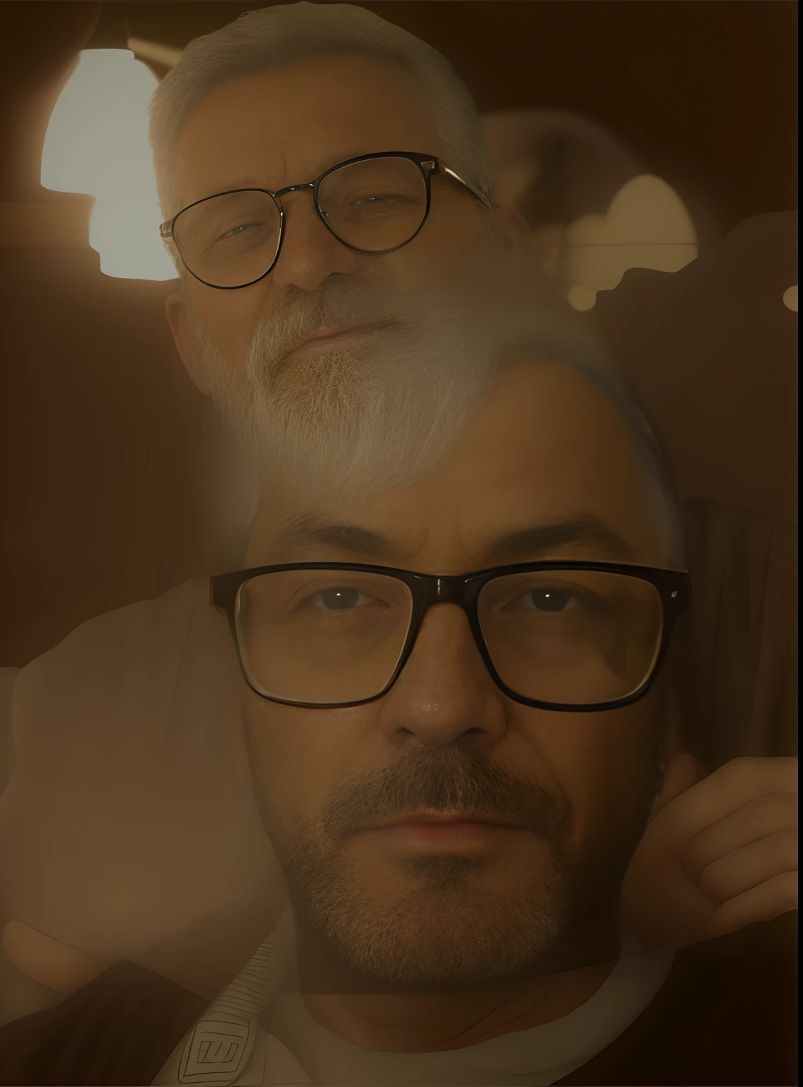 There's a man with glasses sitting on a couch, Homem de 5 0 anos, Homens de 45 anos, Homem de 4 0 anos, (38 anos), 38 anos, ele tem cerca de 5 0 anos de idade, ele tem cerca de 50 anos, homem de cabelos grisalhos escuros, ele tem cerca de 60 anos