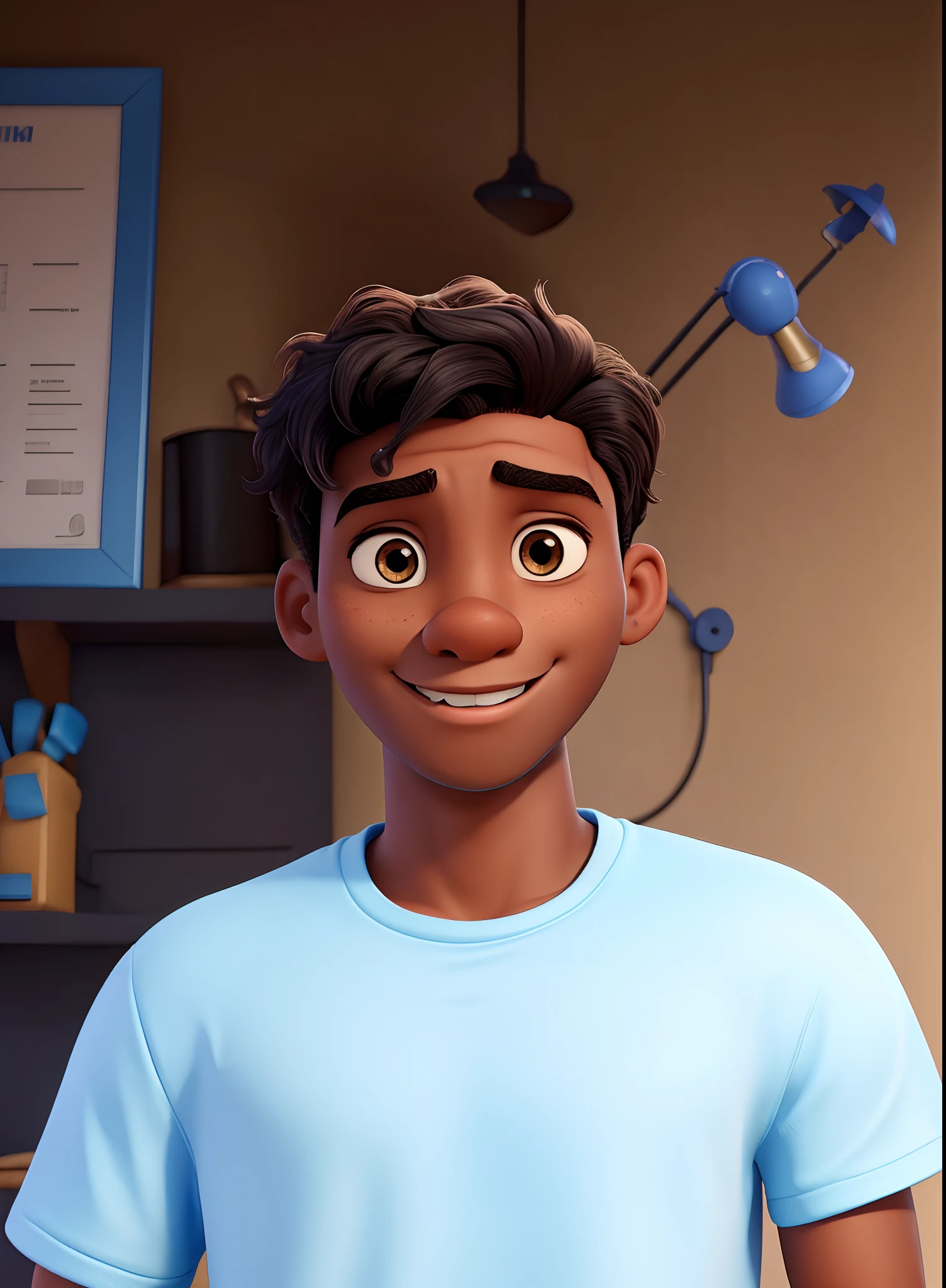 Disney Pixar style, 19 year old man, dark skin, short hair, with blue cap.