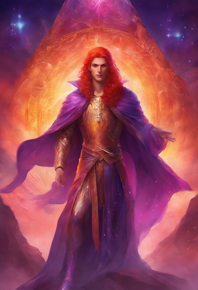 Saint Germain with red hair on a violet fire background with a crystalline pyramid over his head