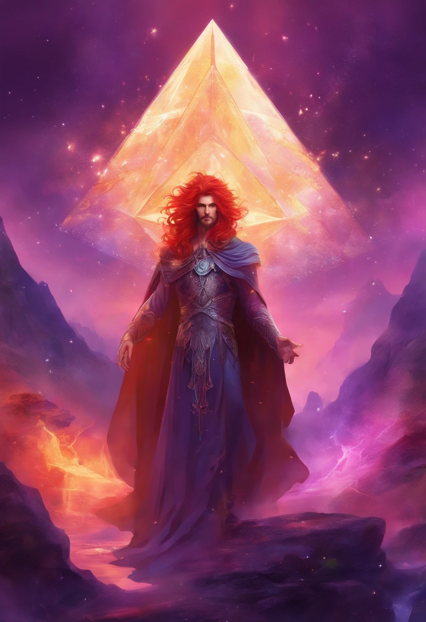 Saint Germain with red hair on a violet fire background with a crystalline pyramid over his head