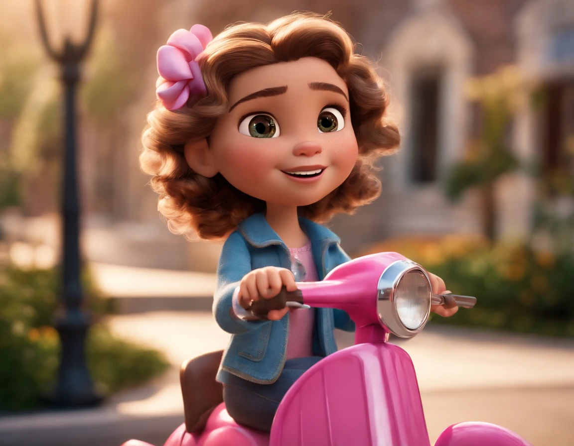 Crie um personagem Disney Pixar. Trata-se de uma menina de 5 anos que se chama Sophia. She has dark blonde curly hair and wears barrettes with bows that hold her braided hair back, Hair length is just below the shoulders. Its eyes are brown and almond-shaped. It's a sunny day and she's going to play with her pink scooter on the street of her condo.