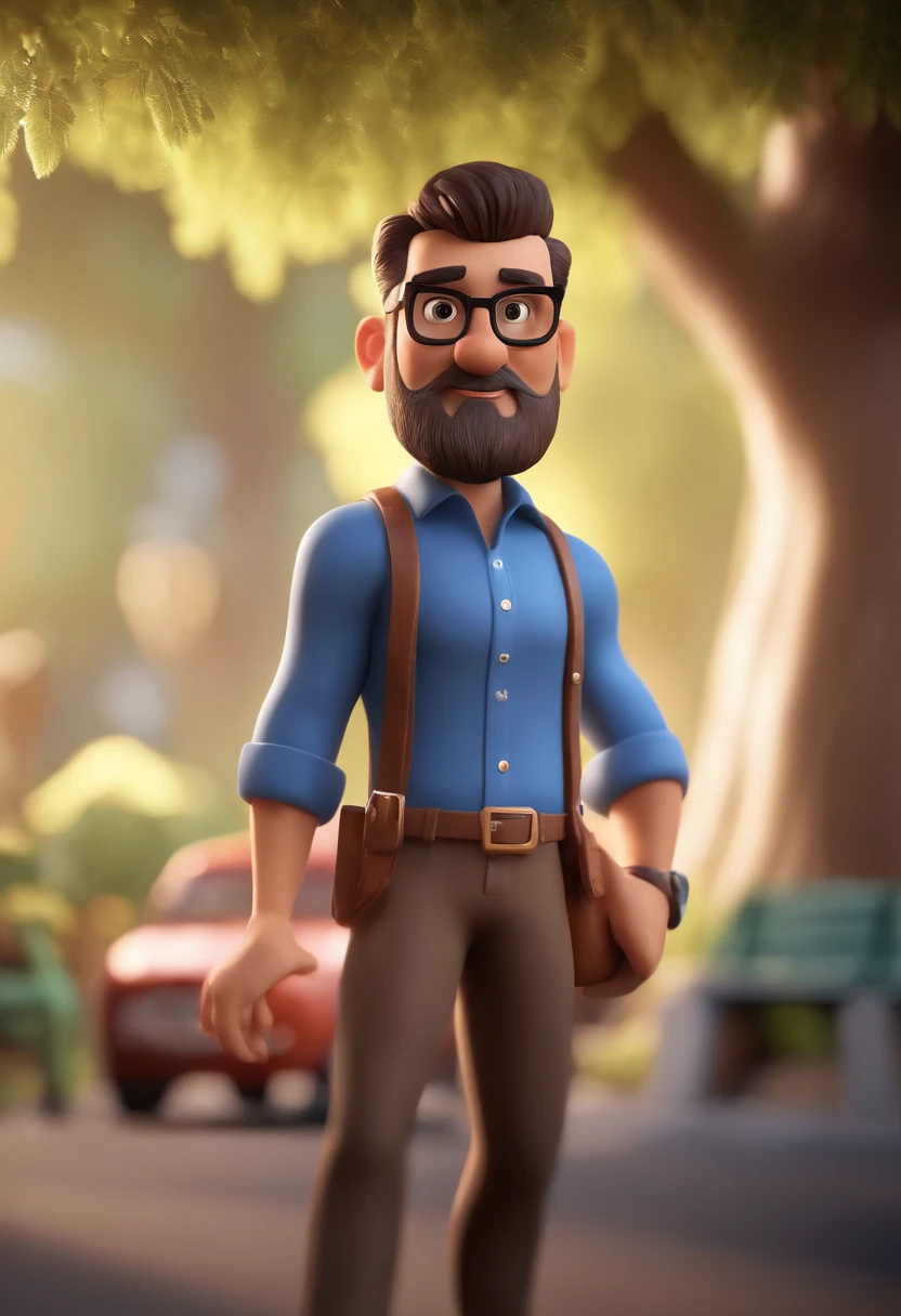 Cartoon character of a man with beard wearing black glasses and a blue shirt, um personagem animado, Caractere estilizado, animation style rendering, 3D estilizado, Arnold Maya render, 3 d render stylized, toon render keyshot, Personagem 3D, Personagem 3D, 3d rendering stylized, 3 d character render, personagem de desenho animado, Personagem de close up, Pose de personagem, (Estilo Pixar) (master part:1.2) (Bokeh) (best quality) (pele detalhada) (textura detalhada) (8k) (argila) (Cinematic lighting) (foco nítido,Senta e vaza a parte superior do corpo