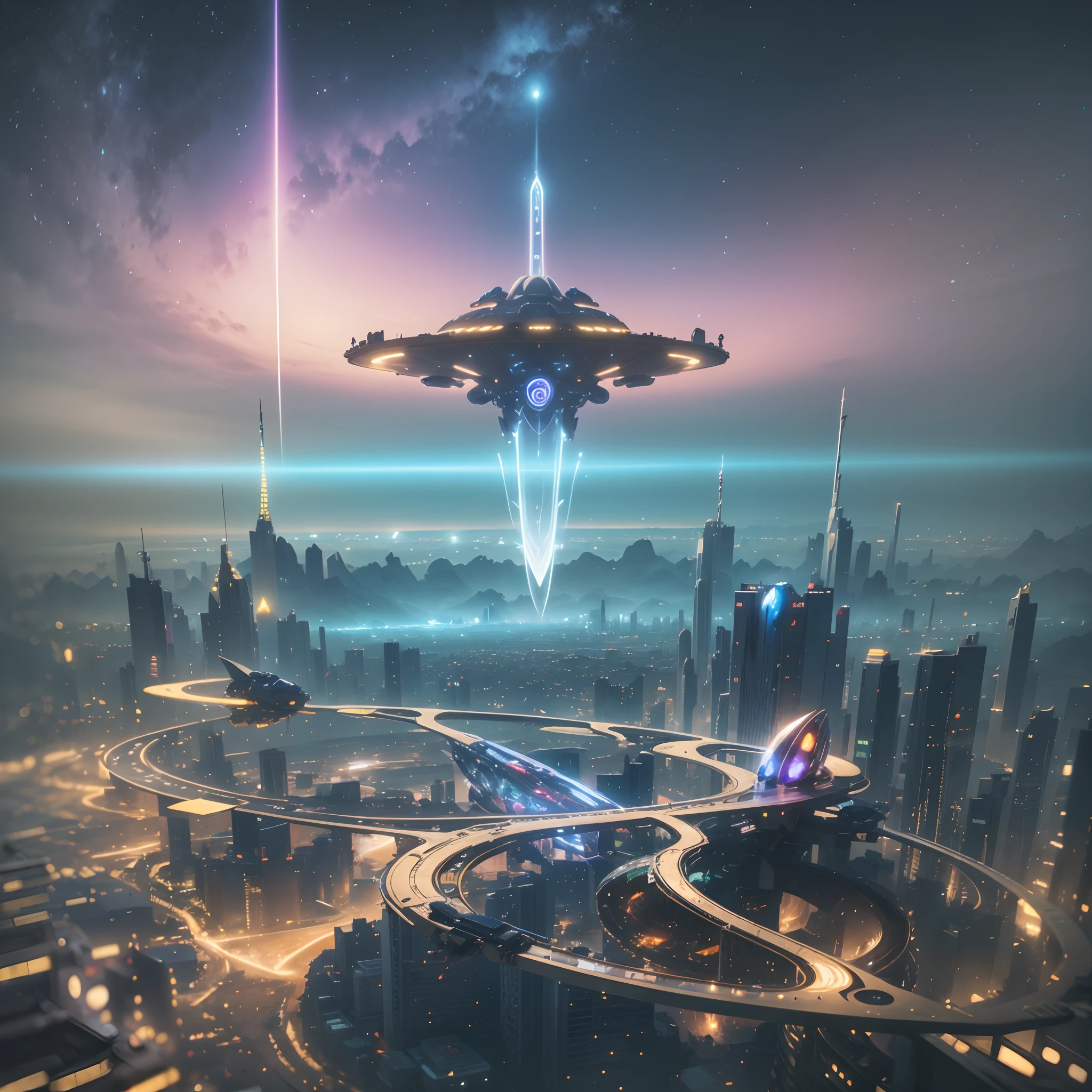 Banana plantation inspired futuristic spaceship flying above a futuristic African city, with iridescent light, cinematic lighting, artgerm style, 32k, ultra HD, unreal engine rendered, hyper-realistic image, octane 3d --auto --s2