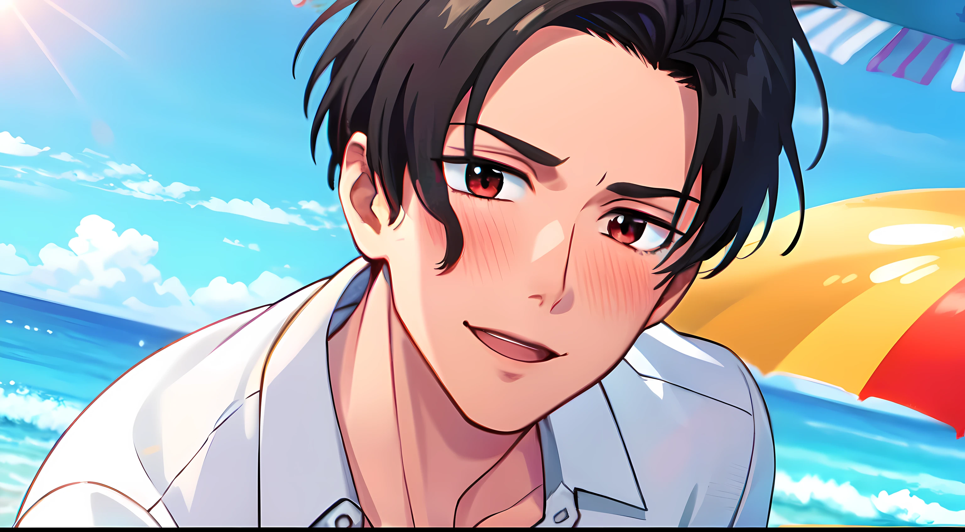 masterpiece, (1Boy), luci, red eyes, black hair, look at viewer, blush, light smile, SHINKAI MAKOTO, (Beach), close up, (blue sky), (white shirt)