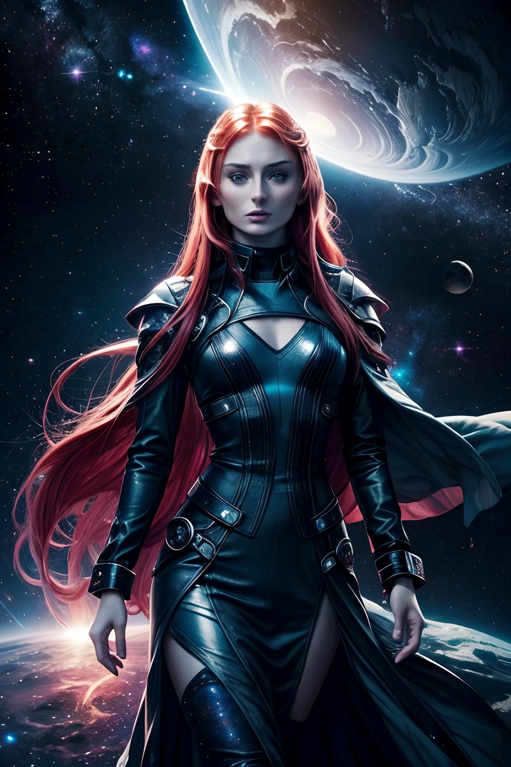 (Space fashion show), Incredibly spectacular Sophie Turner,(Sophie turner:1.5), A scene wandering through the clouds of the universe, Fractal Nebula Chain, cosmic, Celestial, cosmic, A vibrant and vivid entity, whirly, Spinning, unreal, High contrast, Symbolism, magical, mistic, mistic, Hyper-realistic, Supersaturation, Colorful, 8K