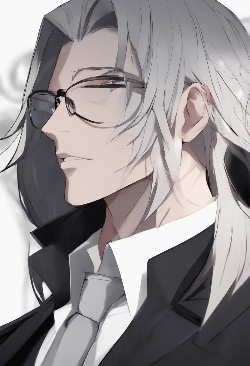 Decim (Death Parade), 1 man, 35-year-old,(black bristle), man wearing glasses, closeup face, profile picture,dresses in a formal and restrained style, a black jacket,white shirt, a professional look,white-ash hair, silver color, tired look,
