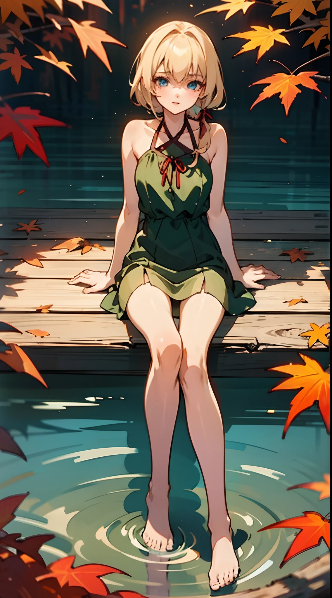 anime styled, Anime Artwork,wink,Clear eyes, Pretty lips, Beautiful girl with well-formed face,long eyelashes, Blonde hair tied with a red ribbon, A begging look, Sheer emerald green short dress in sheer fabric, fullnude,bare-legged,Draw the whole body from the top of the head to the toes。Lakeside in autumn,