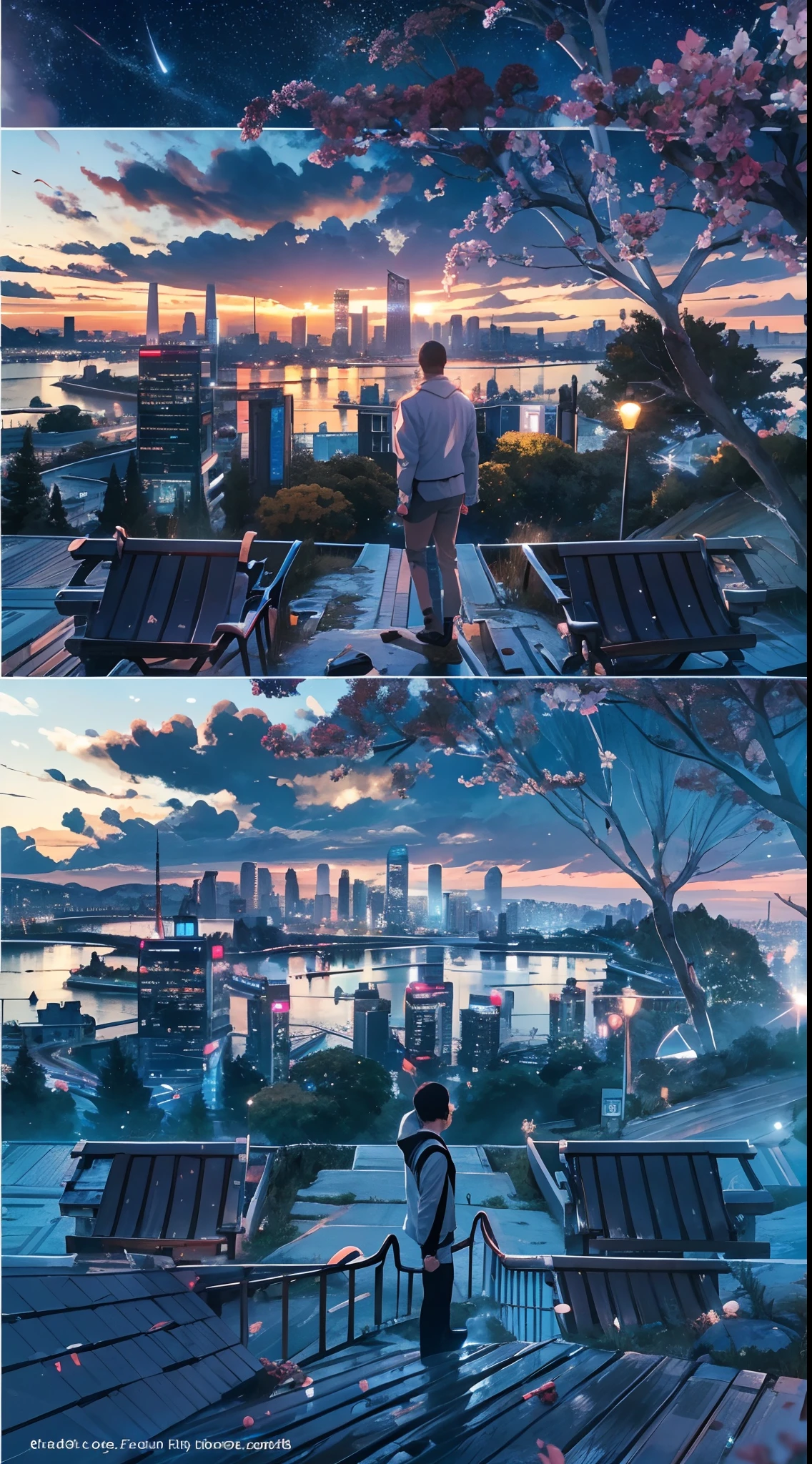 octans, skyporn, Star (skyporn), Scenery, Starry sky, Night, 1man, White shirt, Black jacket, nigh sky, Solo, Outdoors, building, cloud, Milky way, tree, city, silhuette, Cityscape, voyage.a picture
