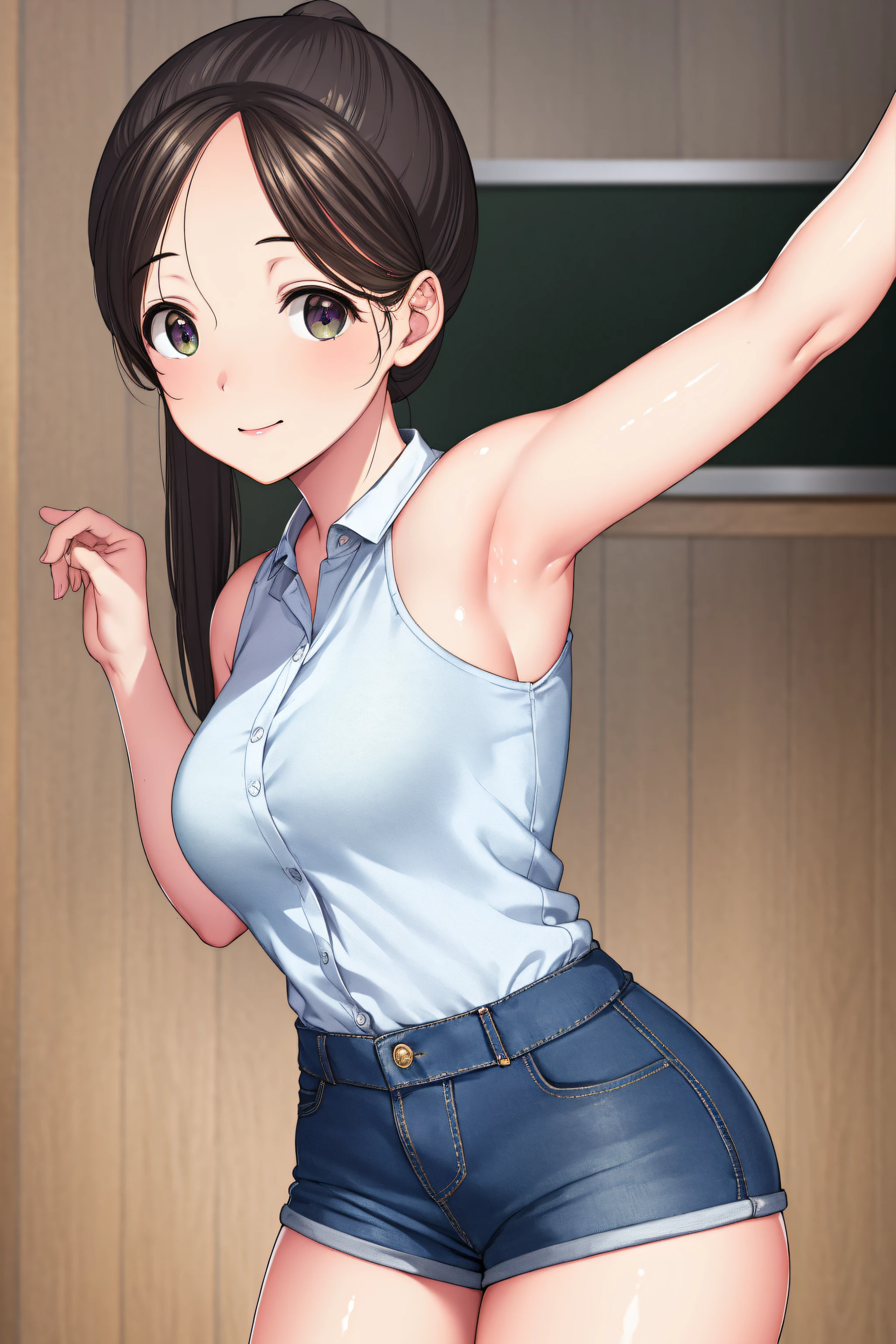 akaneyoshizawa, akane yoshizawa, black hair, ponytail, (green eyes:1.5), swept bangs, long hair,
BREAK wearing pink bra, cardigan, short shorts,
BREAK indoors, classroom,
BREAK looking at viewer, (cowboy shot:1.5),armpits,arm up,seductive smile,
BREAK (masterpiece:1.2), best quality, high resolution,NSFW ,unity 8k wallpaper, (illustration:0.8), (beautiful detailed eyes:1.6), extremely detailed face, perfect lighting, extremely detailed CG, (perfect hands, perfect anatomy),