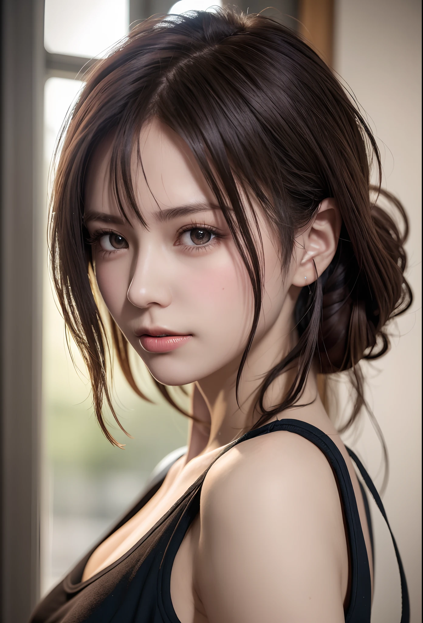high quality picture, masutepiece, detailed hair texture, Detailed skin texture, Detailed Cloth Texture, 8K, Add fabric details, ultra detailed skin texture, ultra detailed photographic, Skin pores, Portrait of a girl, wearing tank top,