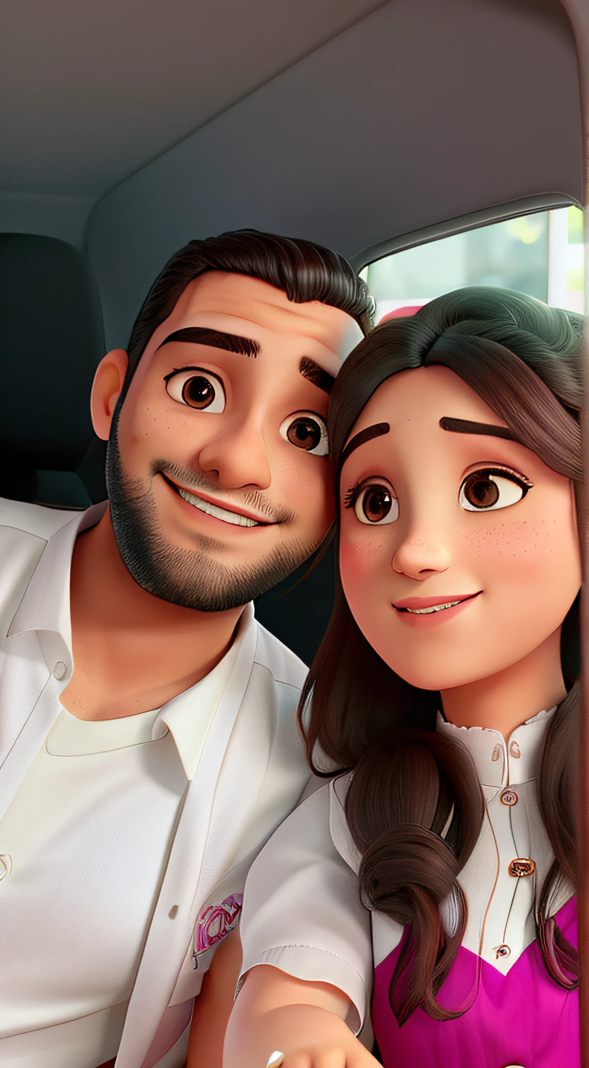 Um casal indo para um casamento, felizes. Dentro de um carro, Ele com camisa social e um terno offwhite aberto e ela com um vestido rosa