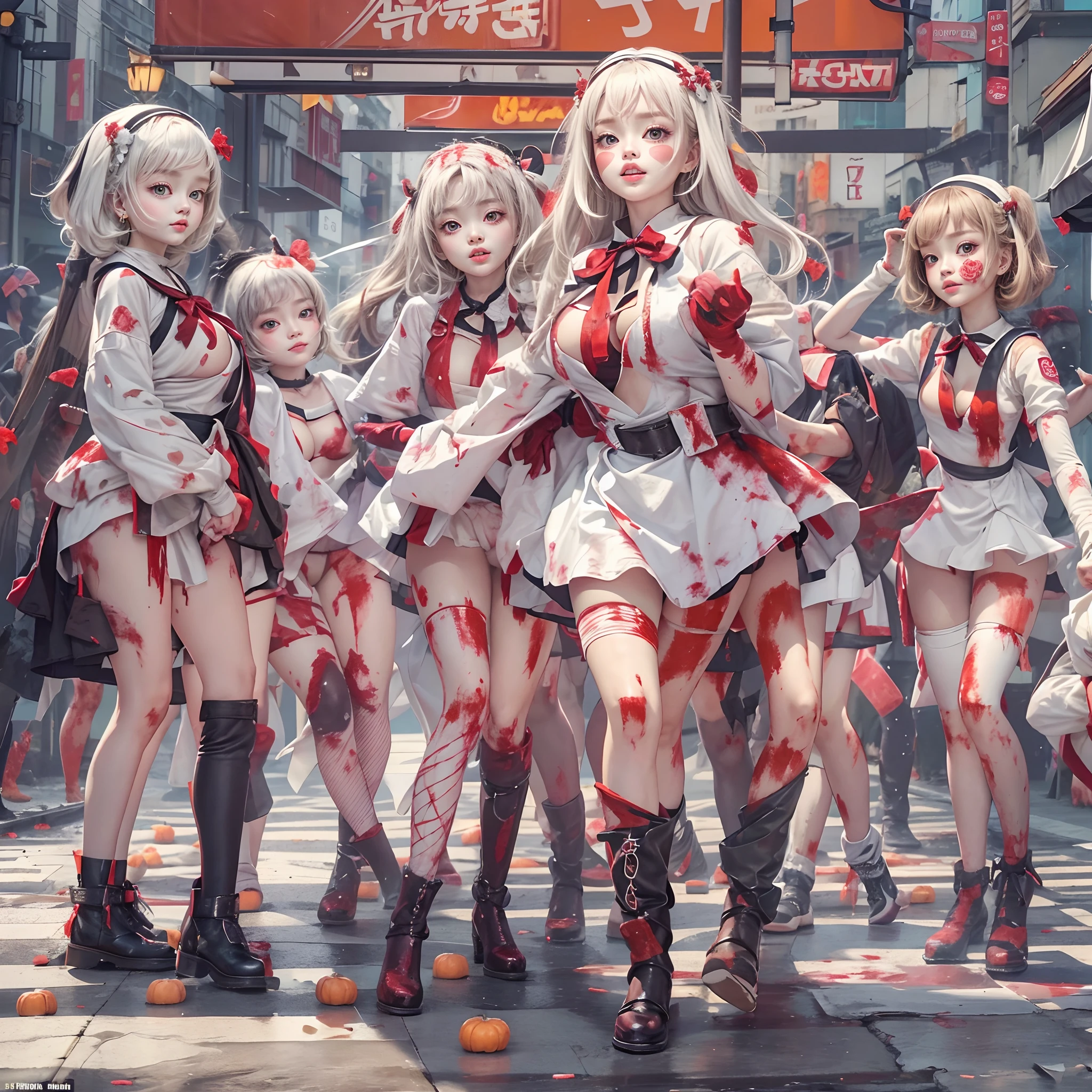 (((SFW, NSFW STILL SHOW, 12 Tiny Girls in a row:1.2, Shibuya Hachiko-mae scramble crossing on Halloween:1.2))), ((masterpiece:1.2, best quality, photorealistic:1.37)), { (Standing Full Body:1.2)|(from below:1.2) }, { bandaged full body | Cut-off Sailor Uniform }, { bandaged head | bandaged limbs | (( bleeding from pussy )) }, {((naked bandage))|metallic red nipple stickers}, {(bloody)|blood paste|(Blood-stained bandages| bloody inner thighs)}, ((Detailed KAWAII face, Detailed glistening ivory skin)), {Bustling street|Crossroads|(Passerby schoolgirls)| halloween| neon}, {(Childish:1.2|Gigantic Cleavage:1.37|Underboob:1.2)}, {Red leather high collar| Hair ornaments |shotgun|random hair colors}, {Floating hair|Strong wind|(((Ass focus, open thighs)))| flying magic | Skirtlift}, {(Kissing face to face)|:p|:d|laugh|sparkle|joyful|delighted|Drunk},extremely Detailed,