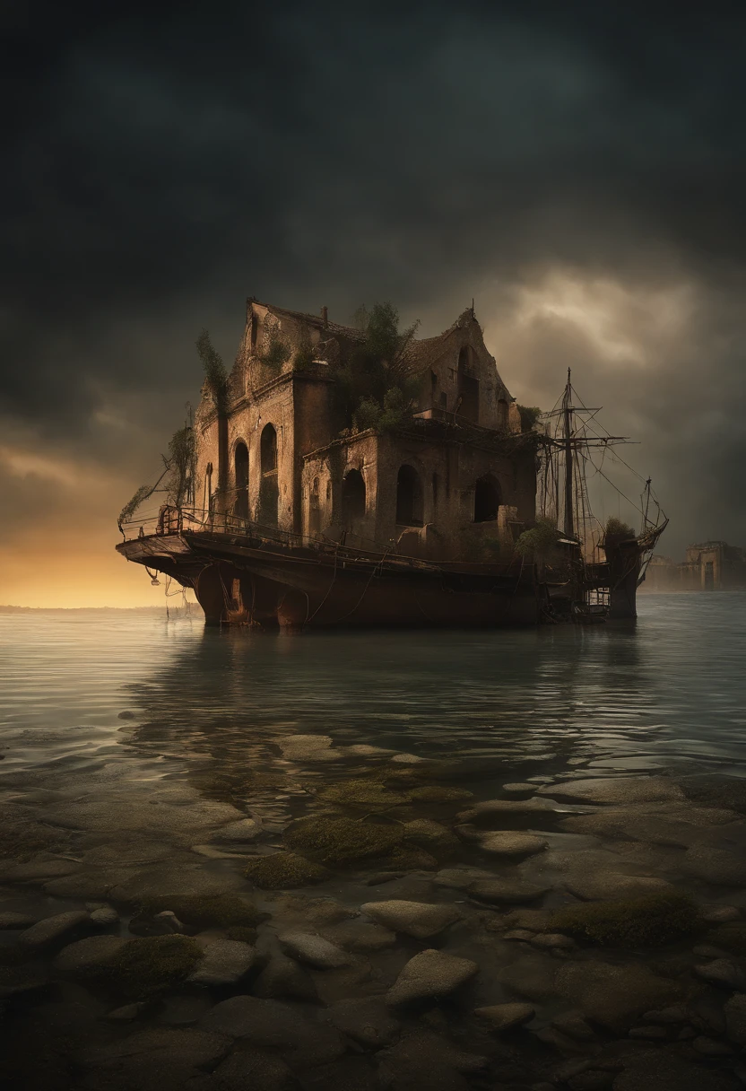 Create a post-apocalyptic scenario where water flooded the earth, with few trees and many structures and buildings. Add high-resolution detail, as abandoned buildings, rachaduras na estrutura, faulty electrical installations, and poor lighting. A cena deve ter um tom misterioso e sombrio, with water elements and ruins, high resolution, hiper detalhado, add vessels used as cities, cidades de navios, 8k, muita qualidade
