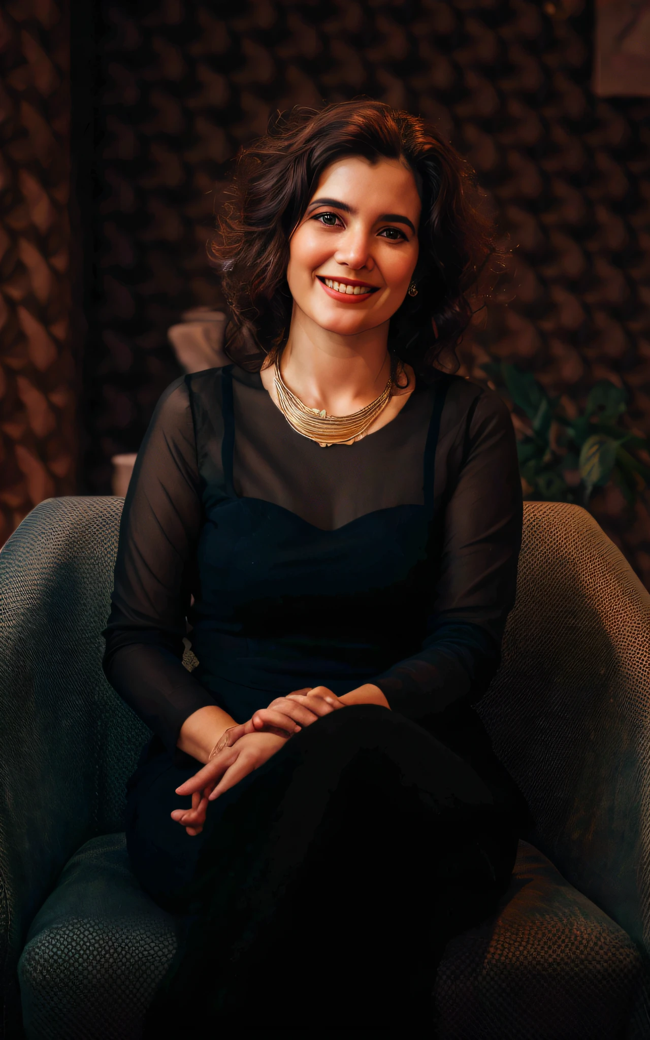 smiling woman sitting in a chair in a room with a wall, mid shot portrait, jovana rikalo, mina petrovic, inspired by Lubna Agha, nika maisuradze, portrait of morana, portrait image, inspired by Taravat Jalali Farahani, alina ivanchenko, photo portrait, faridah malik, anna nikonova